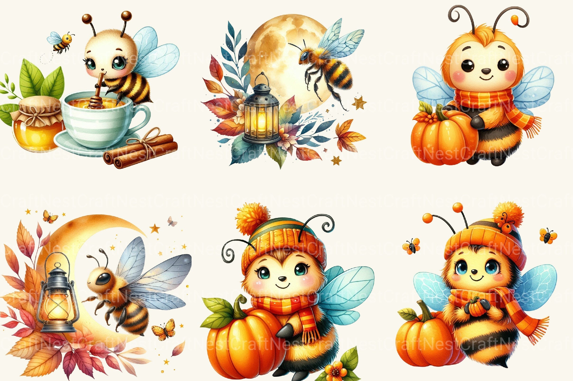Cute Cartoon Autumn Bees Clipart Bundle