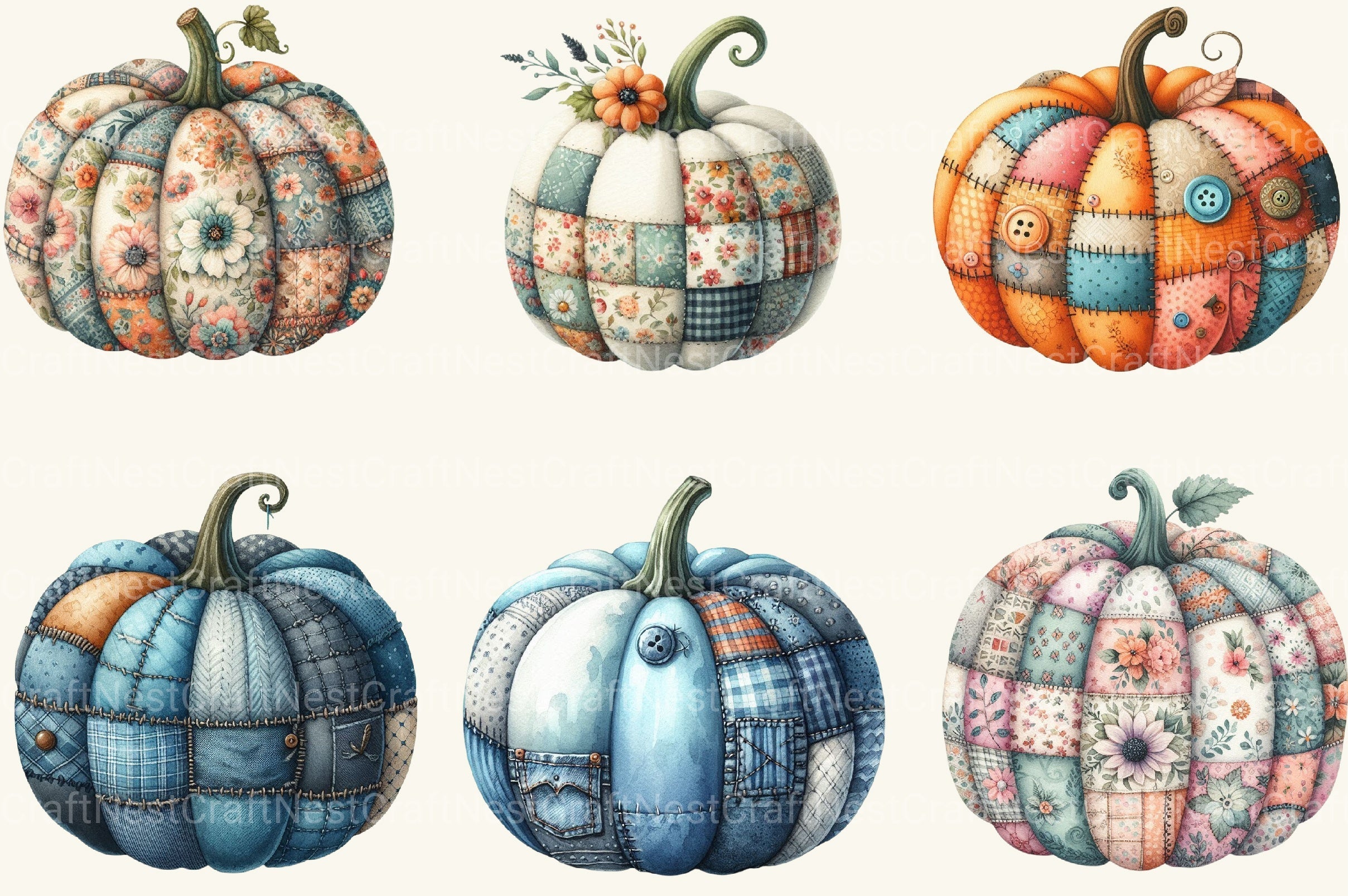 Autumn Patchwork Pumpkin Clipart Bundle 2
