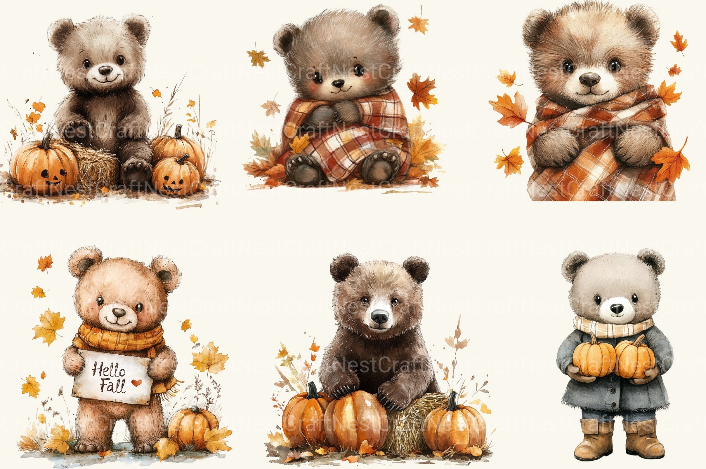 Cute Cartoon Autumn Bears Clipart Bundle