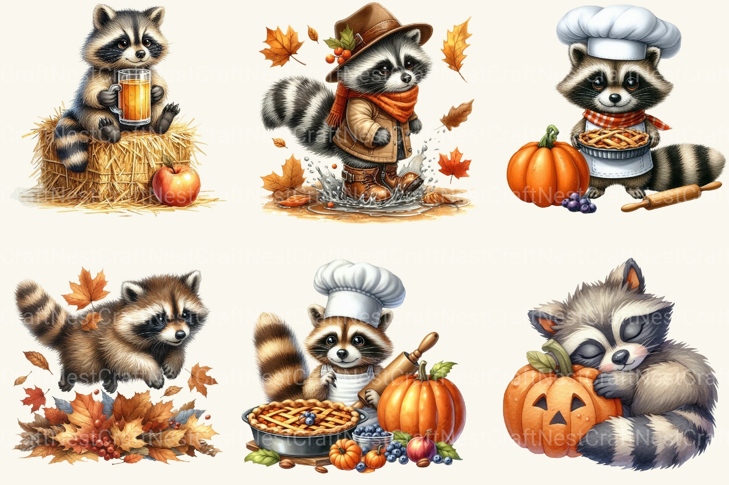 Autumn Raccoons Clipart Bundle 2