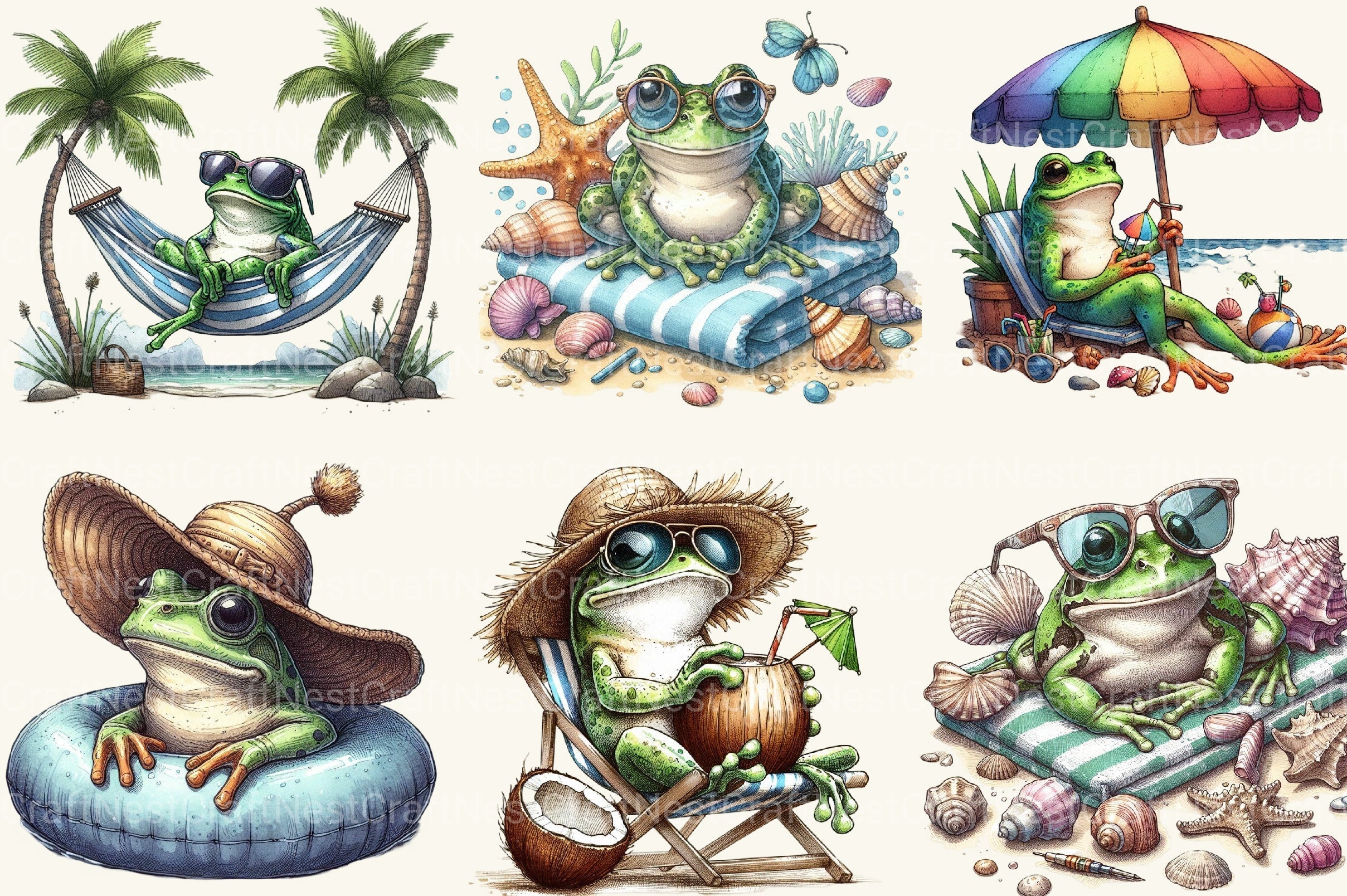 Frog Enjoying Summer Holiday Clipart Bundle