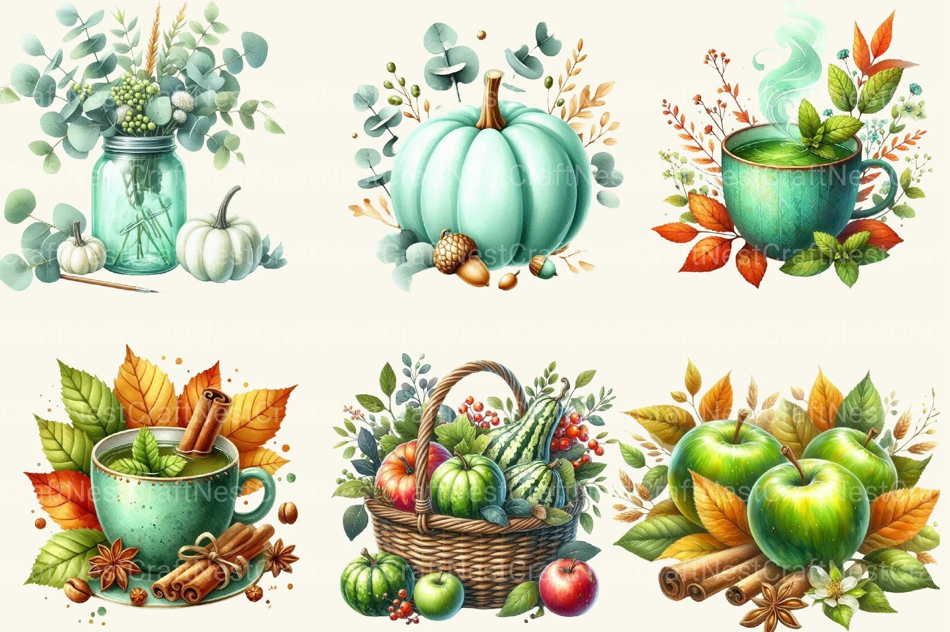 Mint Fresh Green Autumn Clipart Bundle - CraftNest - Digital Crafting and Art