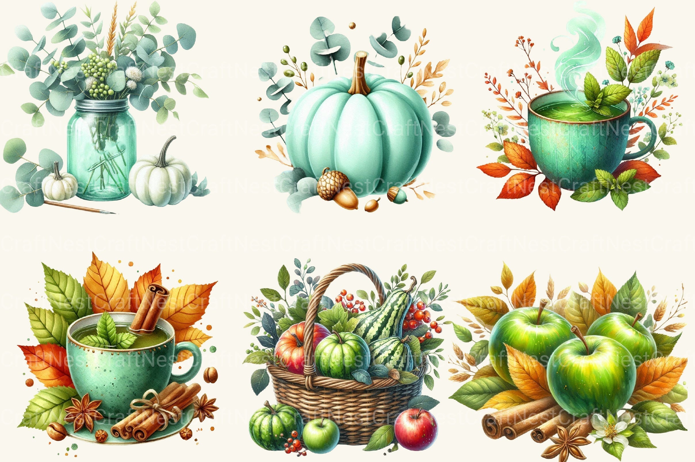 Mint Fresh Green Autumn Clipart Bundle