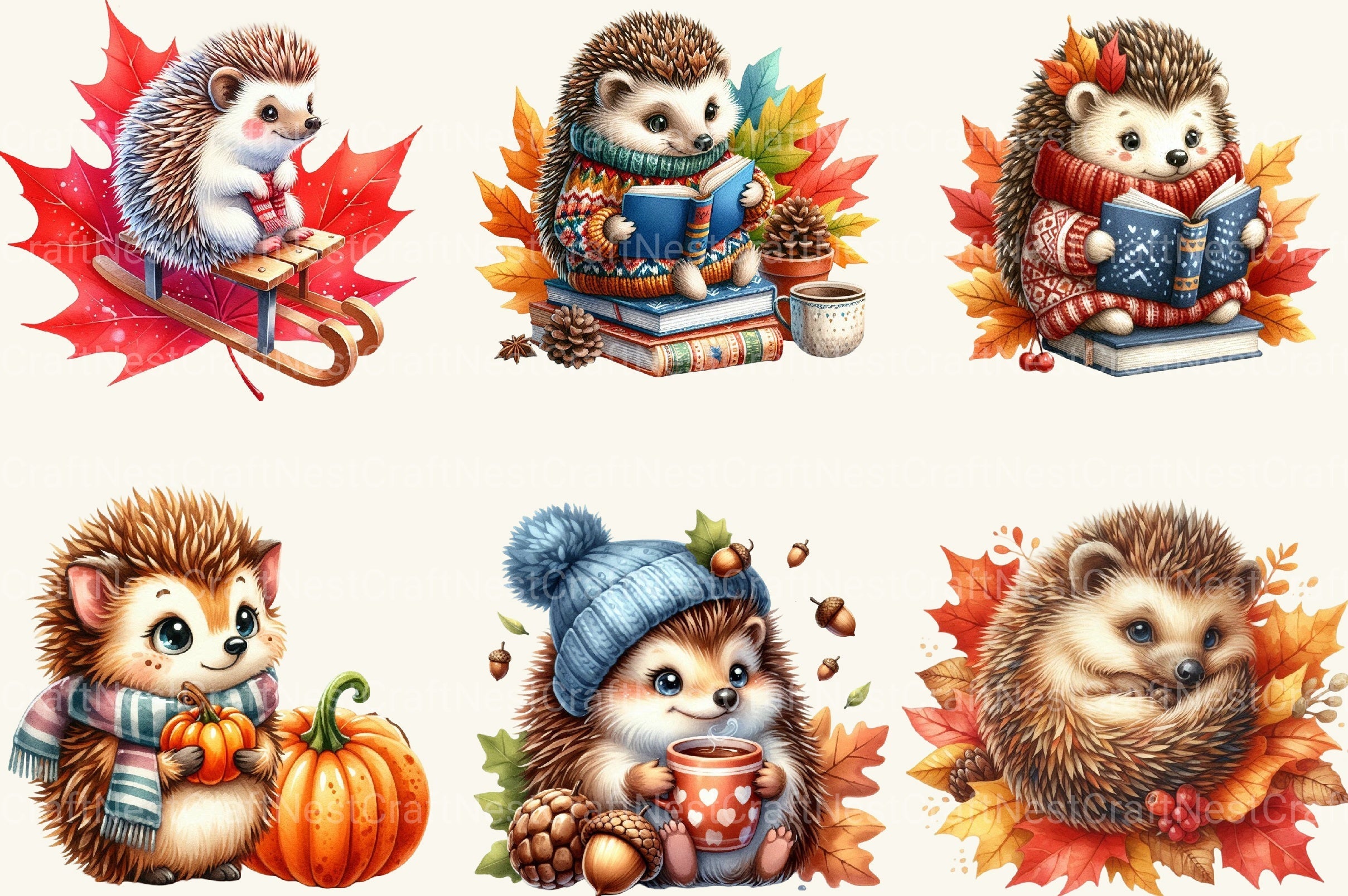 Cute Cartoon Autumn Hedgehogs Clipart Bundle