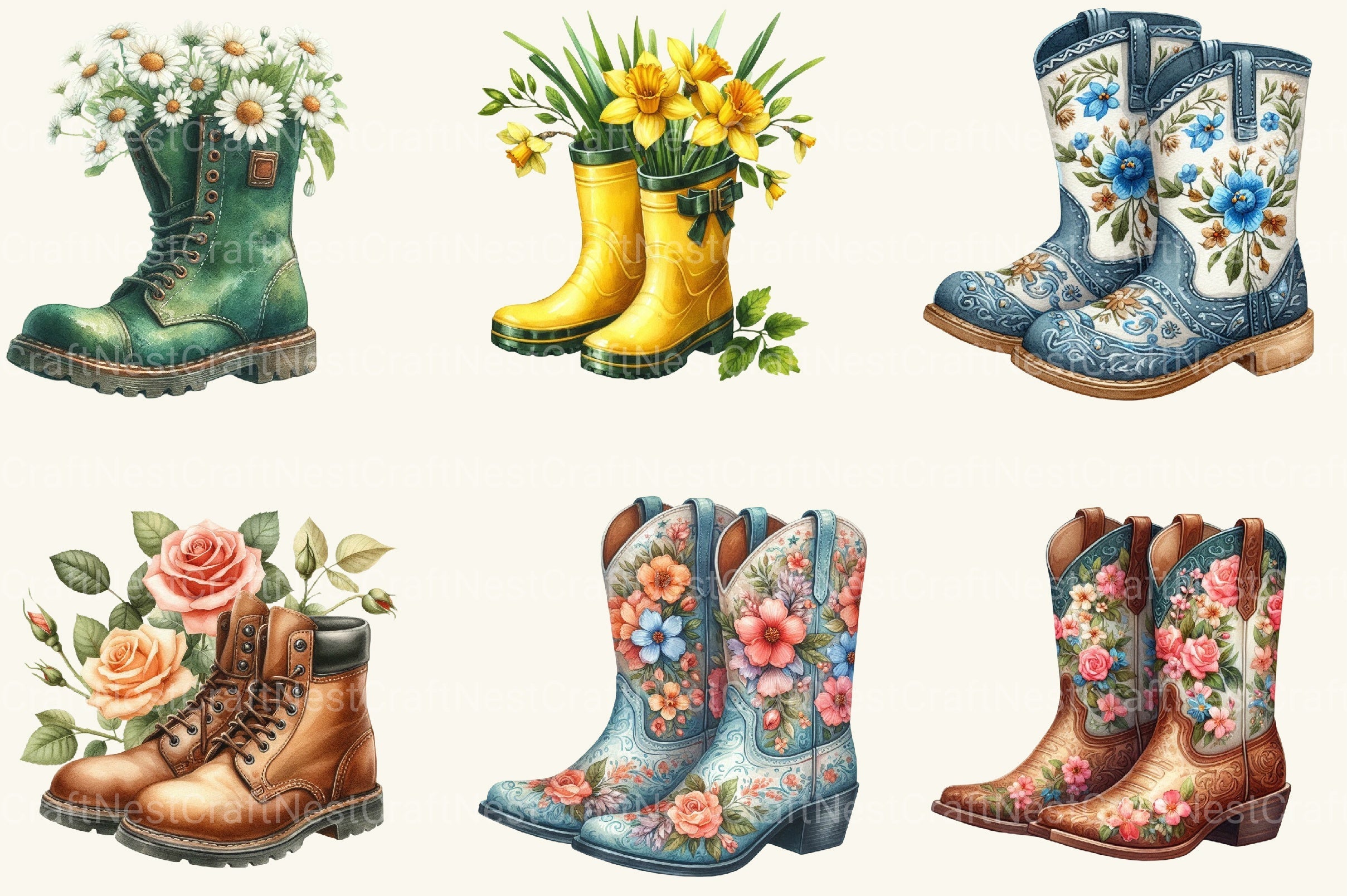 Floral Boots Clipart Bundle