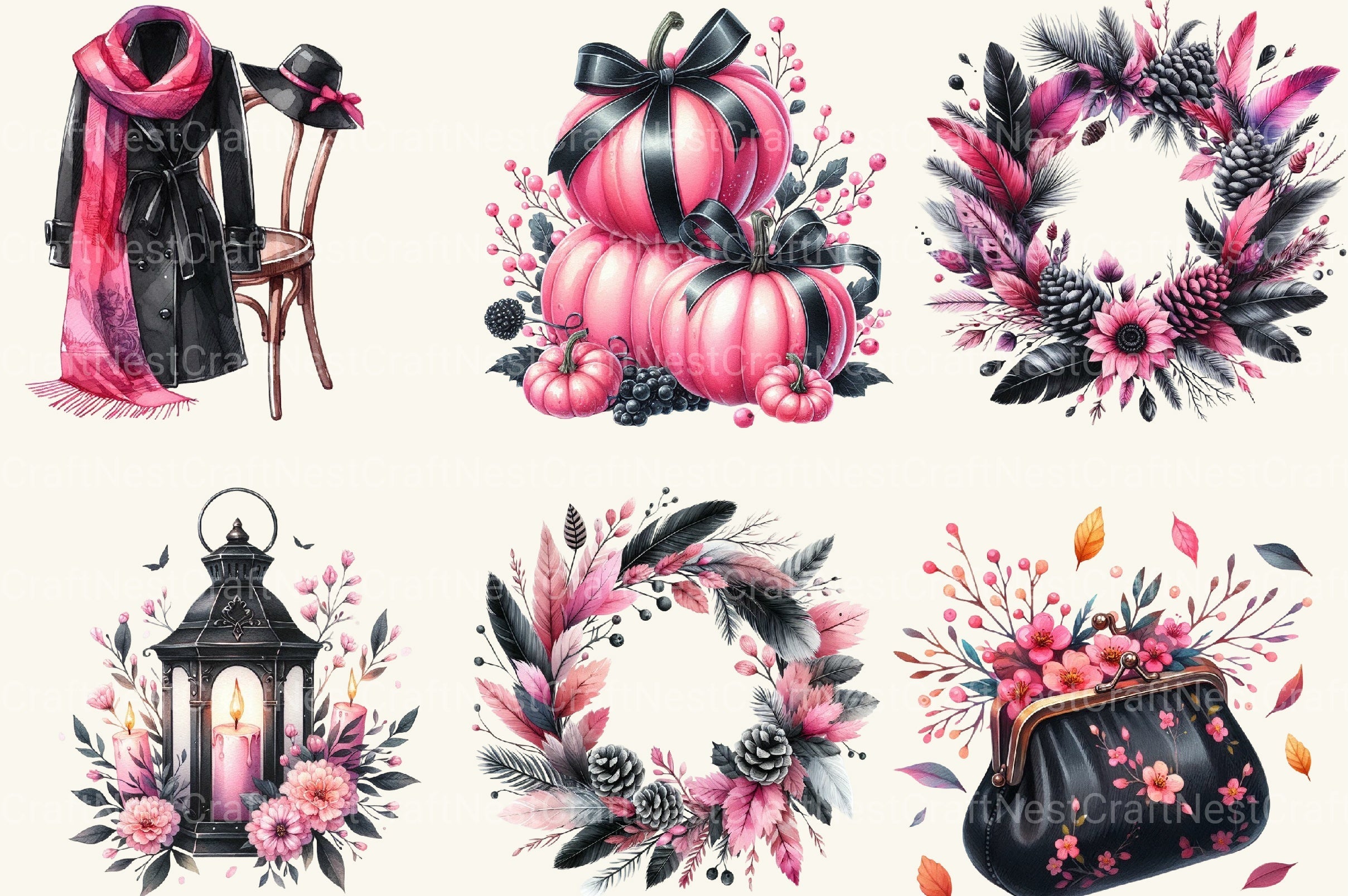 Pink And Black Autumn Clipart Bundle 1