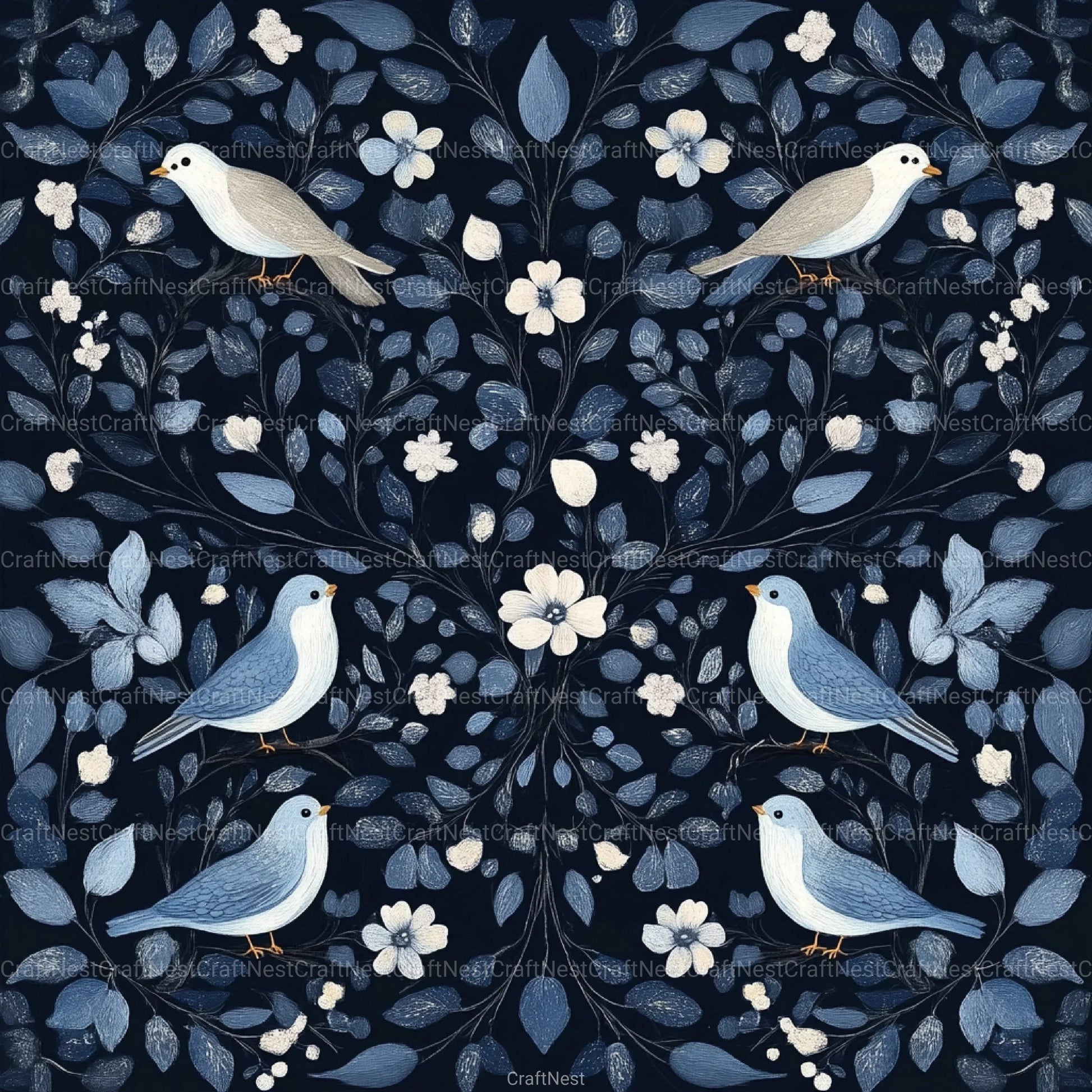 Blue Birds & Flowers Chinoiserie Pattern Clipart Bundle - CraftNest - Digital Crafting and Art