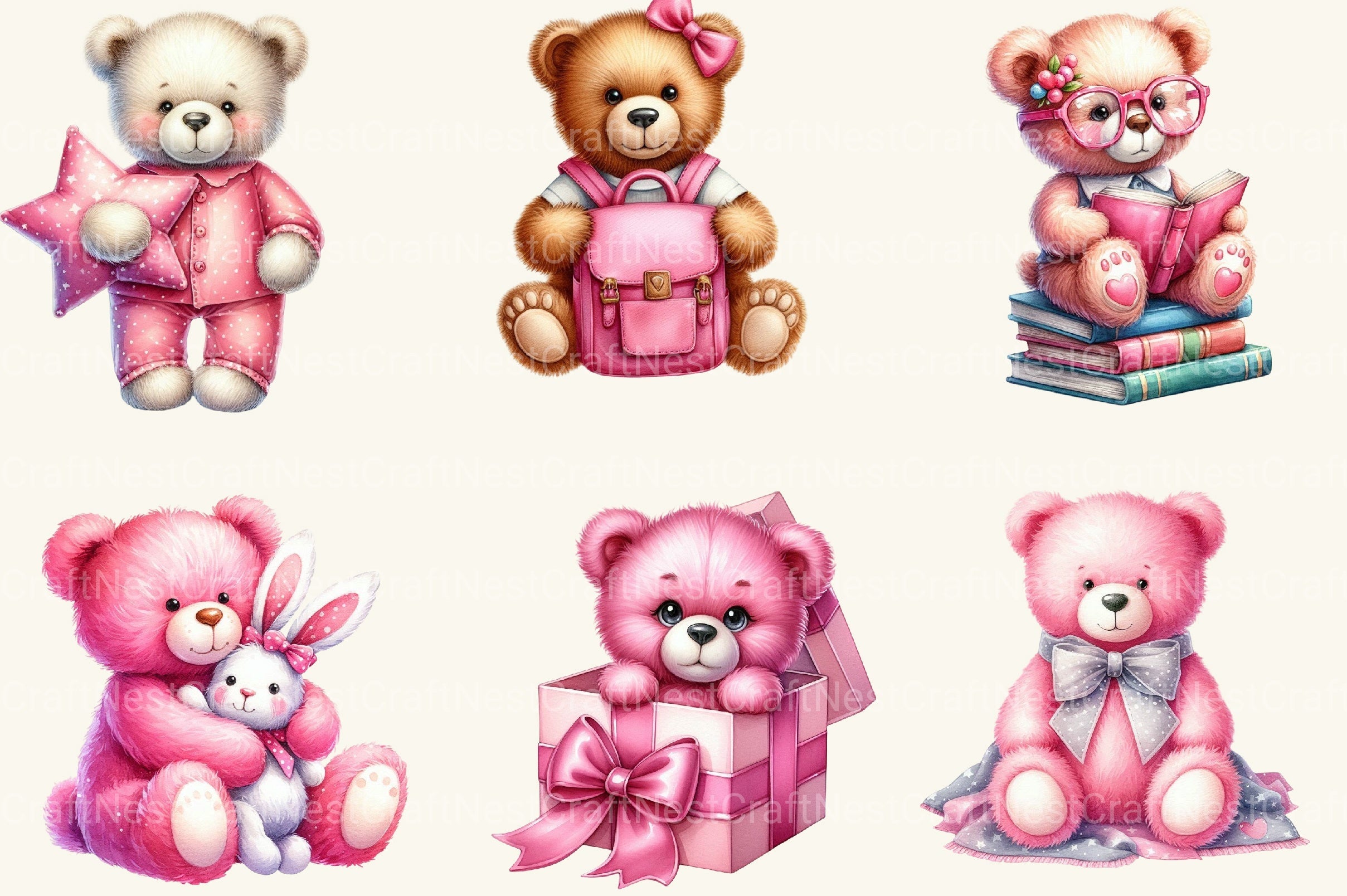 Pink Cute Blush Teddy Bear Clipart Bundle 2