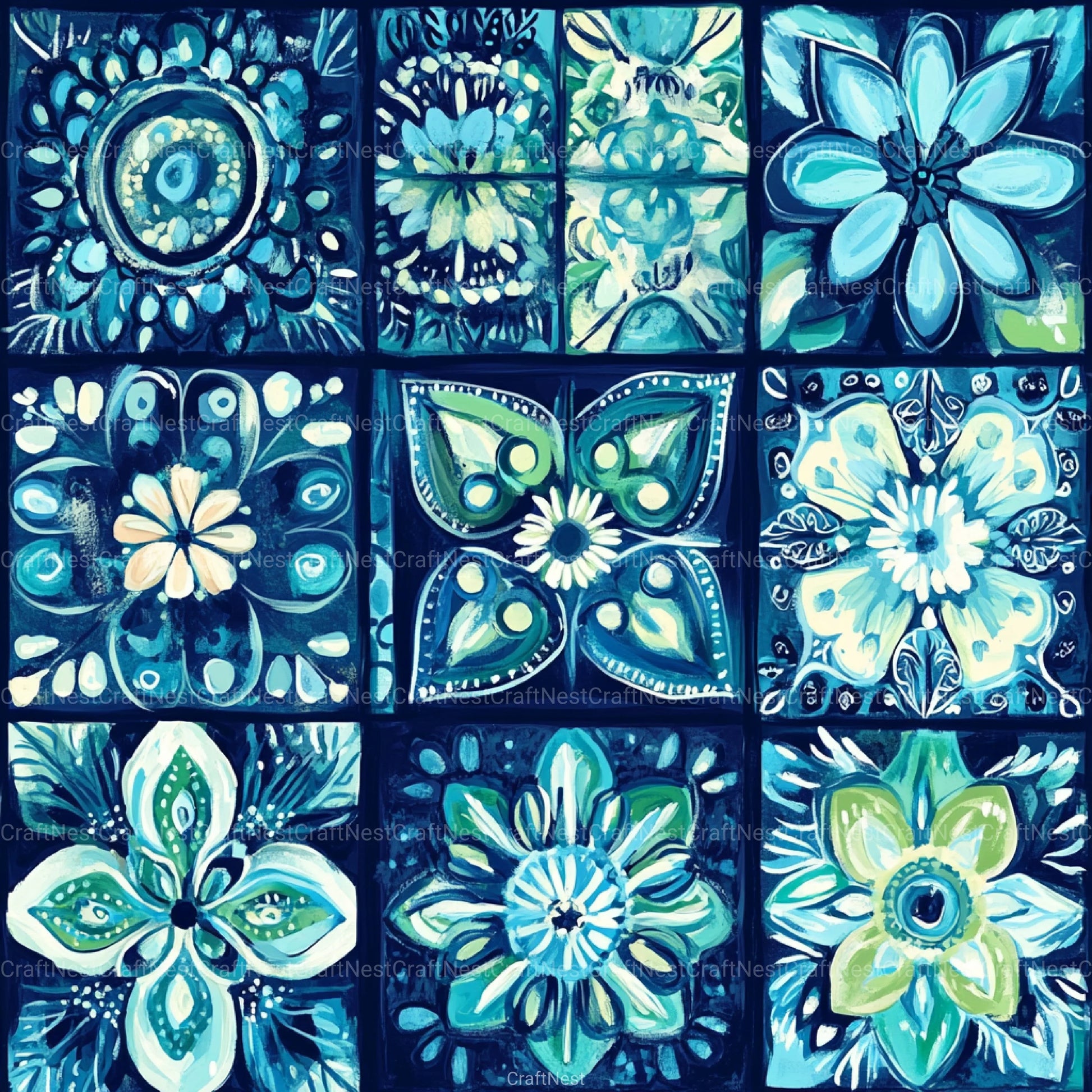 Boho Blue Green Patterns Clipart Bundle - CraftNest - Digital Crafting and Art