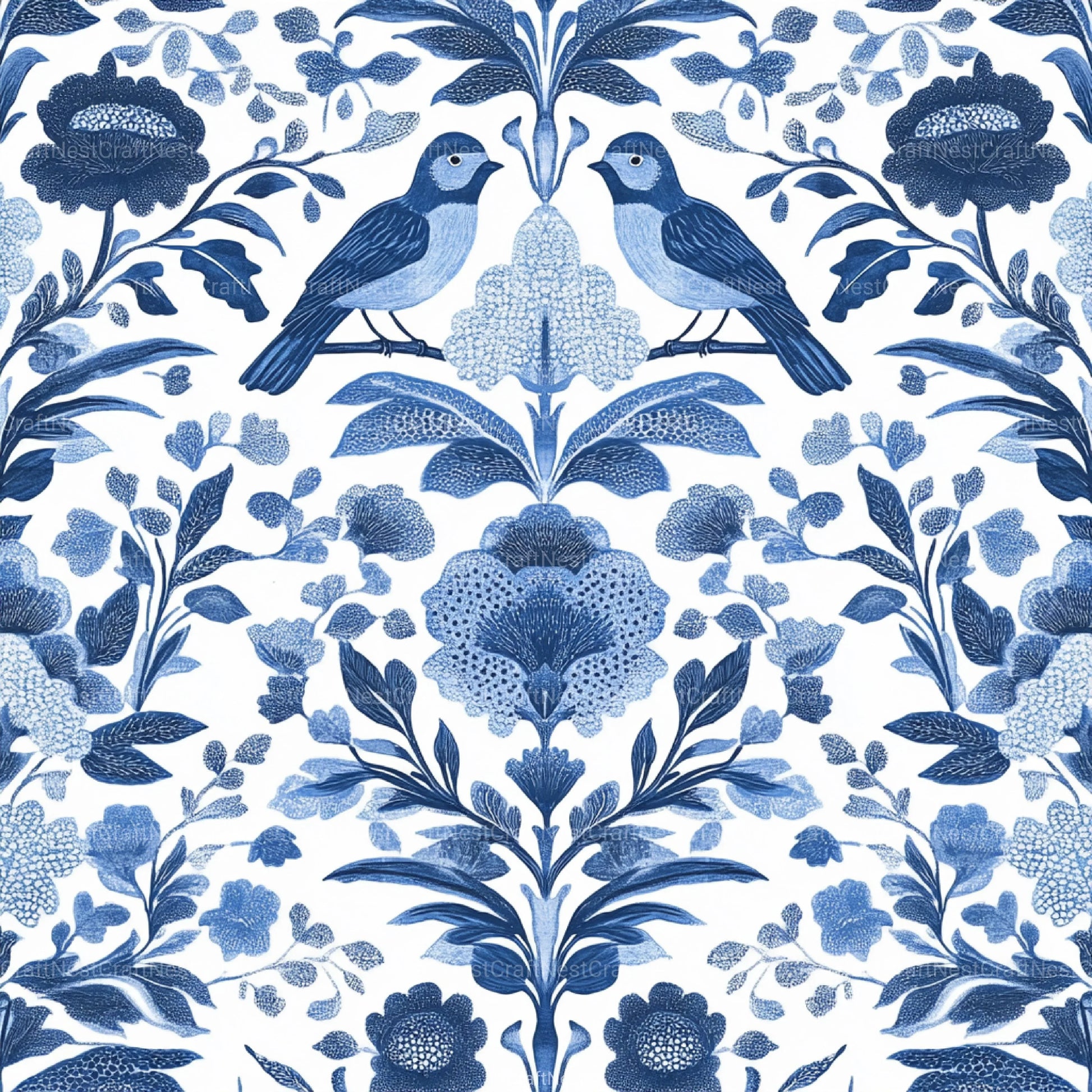 Blue Birds & Flowers Chinoiserie Pattern Clipart Bundle - CraftNest - Digital Crafting and Art