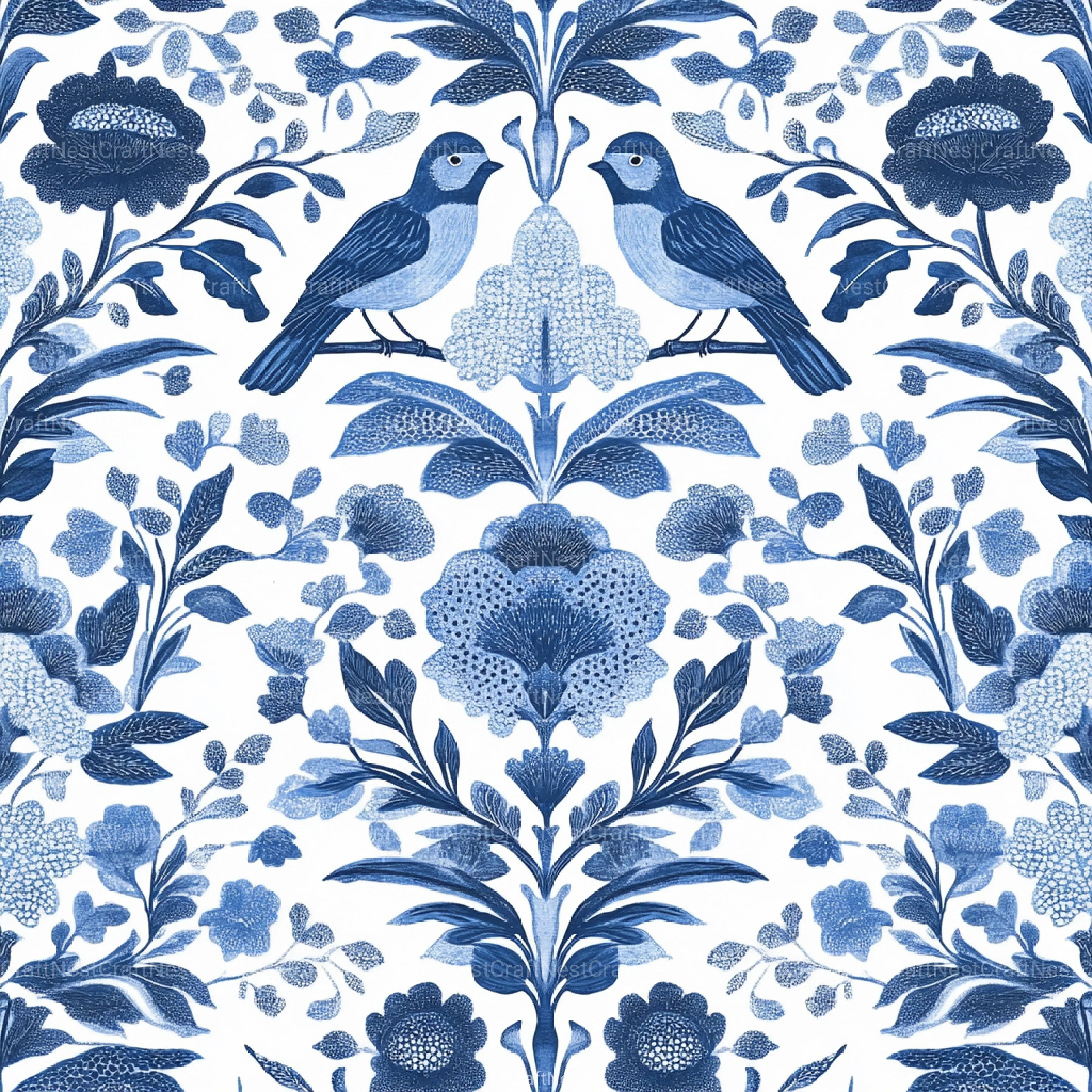 Blue Birds & Flowers Chinoiserie Pattern Clipart Bundle - CraftNest - Digital Crafting and Art