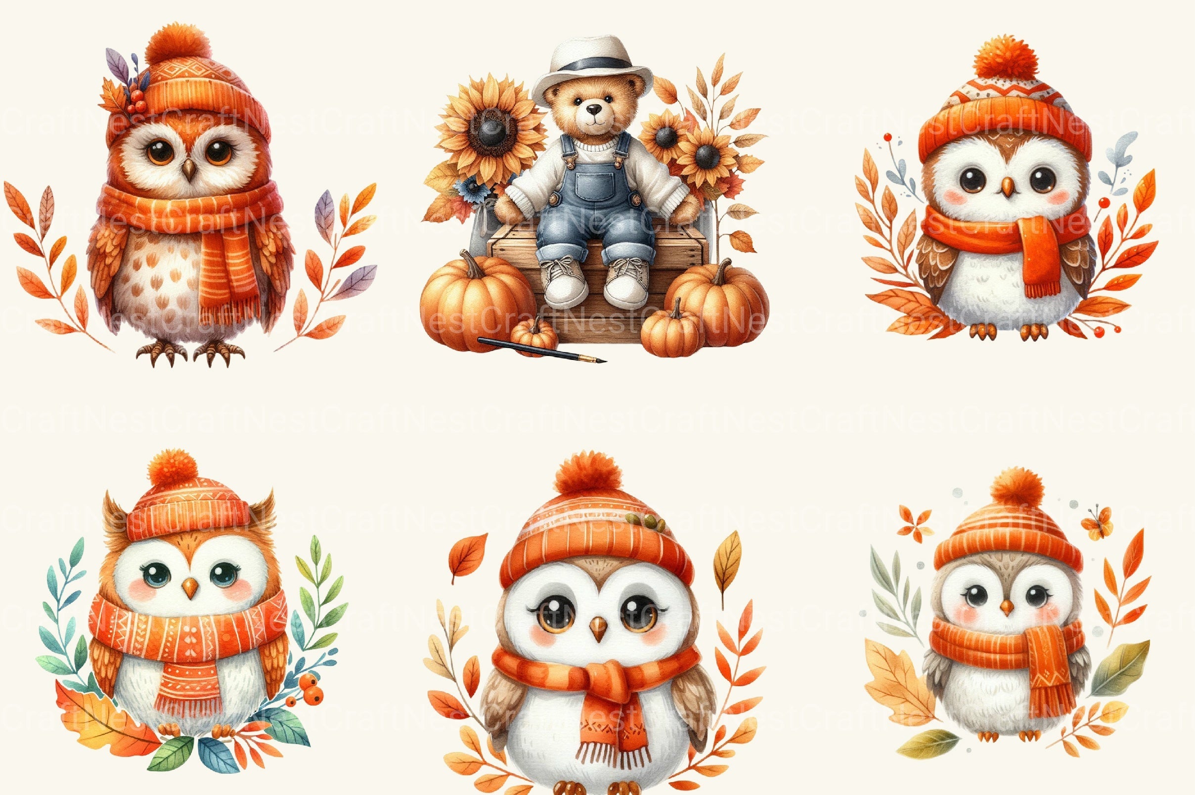 Cute Owl Autumn Clipart Bundle