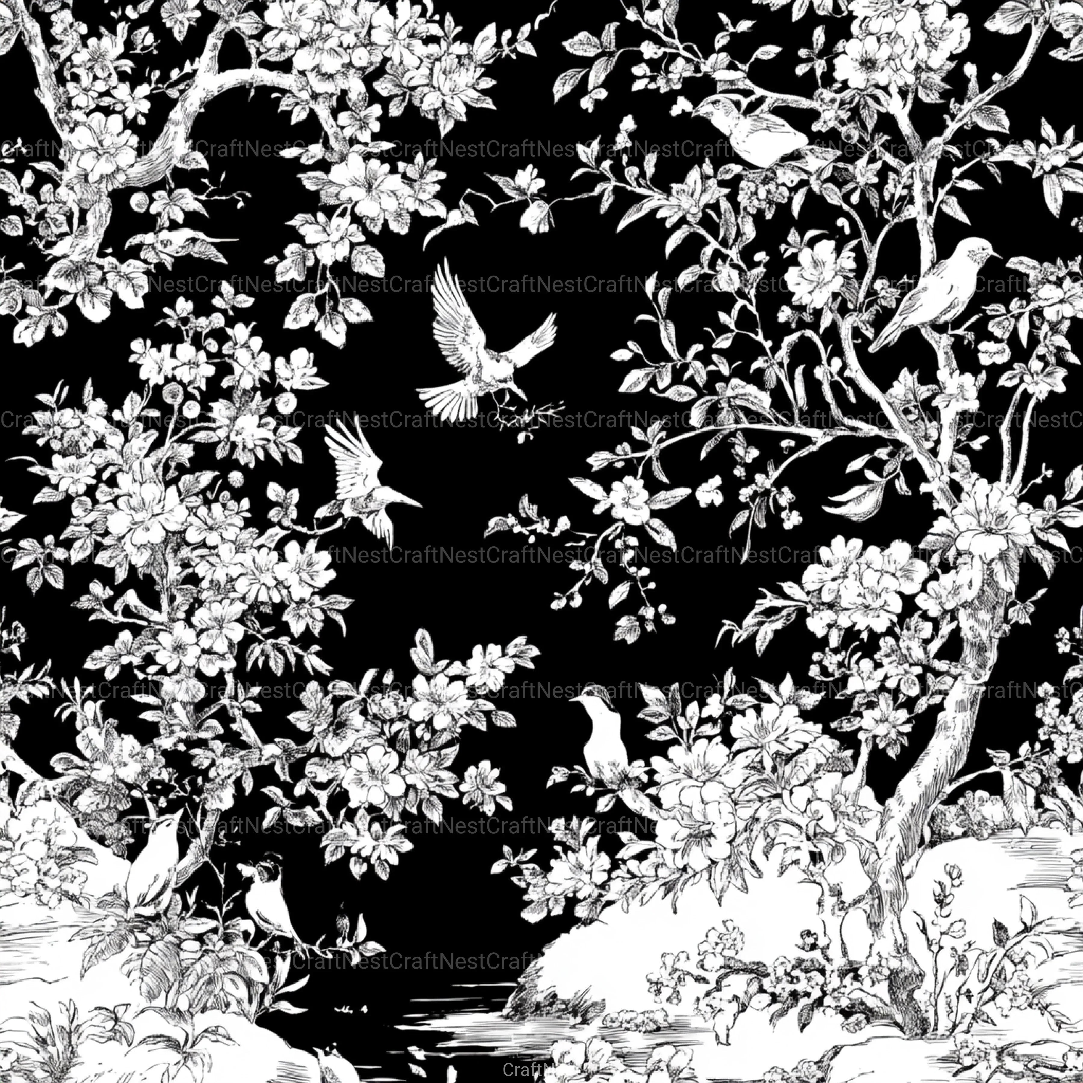 Black White Spring Toile De Jouy Pattern Clipart Bundle - CraftNest - Digital Crafting and Art