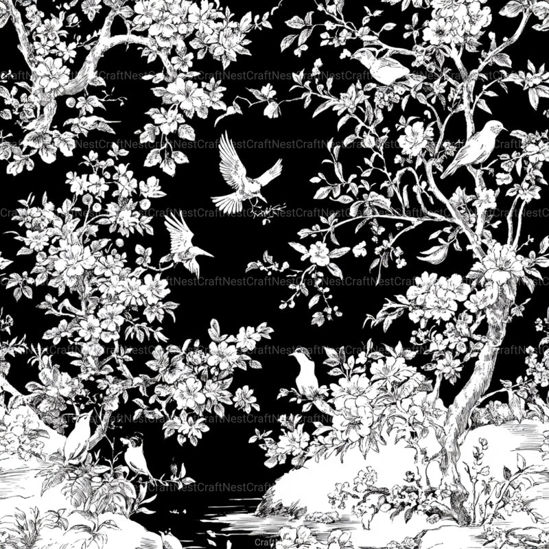 Black White Spring Toile De Jouy Pattern Clipart Bundle - CraftNest - Digital Crafting and Art