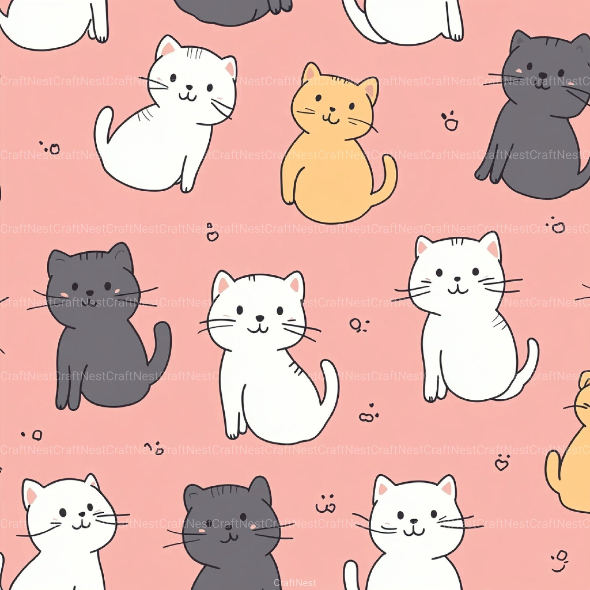 Seamless Kawaii Cute Cats Pattern Digital Paper - CraftNest - Digital Crafting and Art