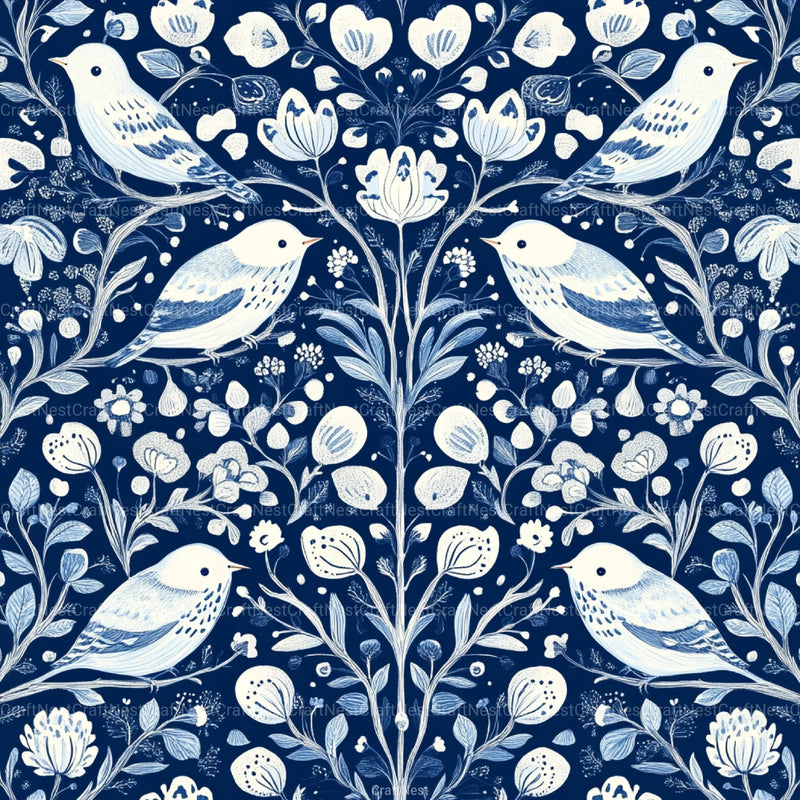 Blue Birds & Flowers Chinoiserie Pattern Clipart Bundle - CraftNest - Digital Crafting and Art