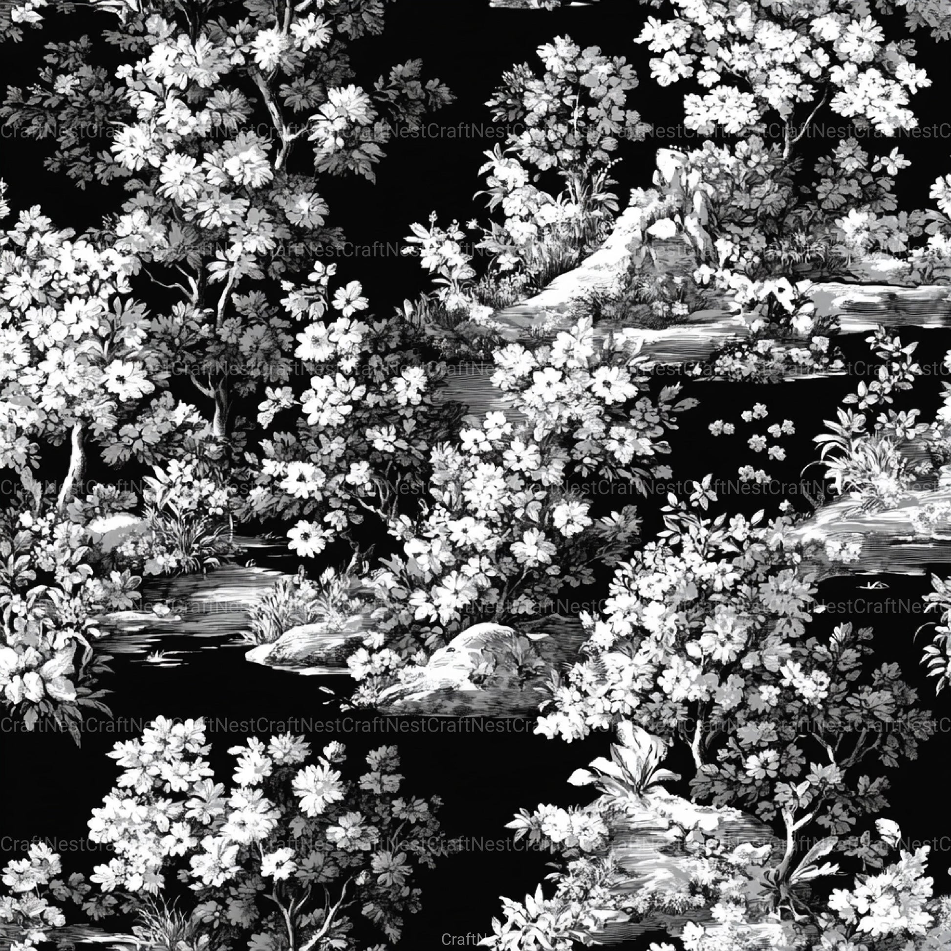 Black White Spring Toile De Jouy Pattern Clipart Bundle - CraftNest - Digital Crafting and Art