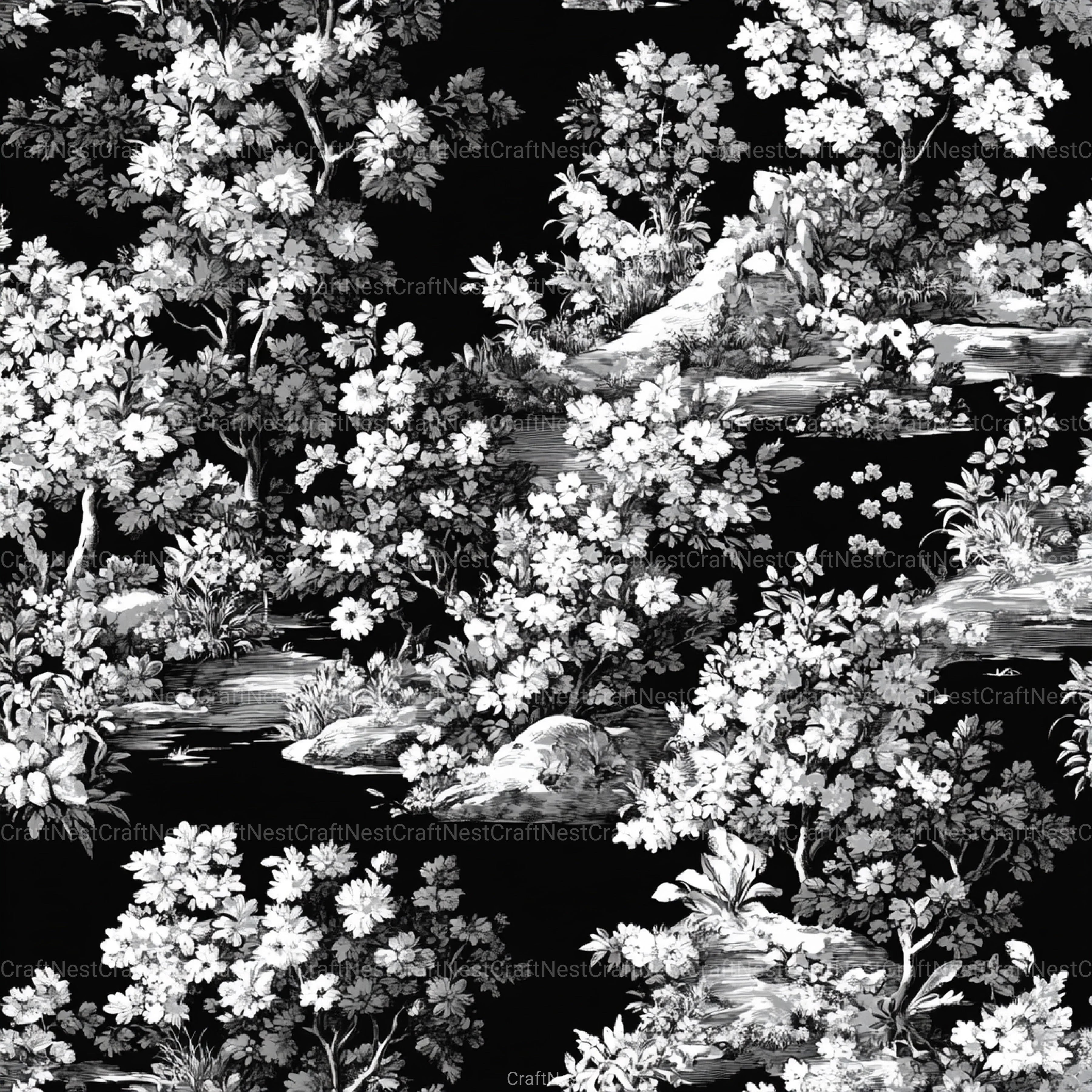 Black White Spring Toile De Jouy Pattern Clipart Bundle - CraftNest - Digital Crafting and Art