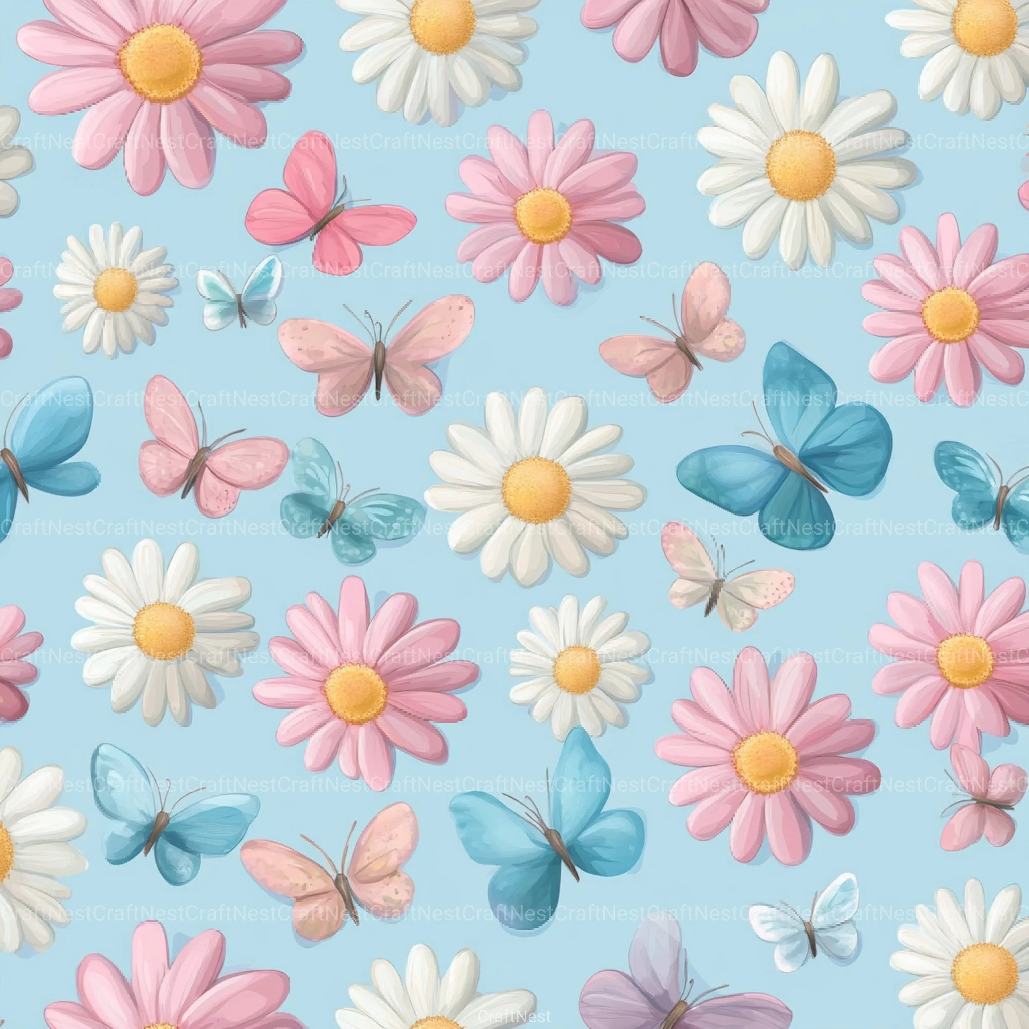 Pastel Daisy Flowers & Butterflies Pattern Clipart Bundle - CraftNest - Digital Crafting and Art
