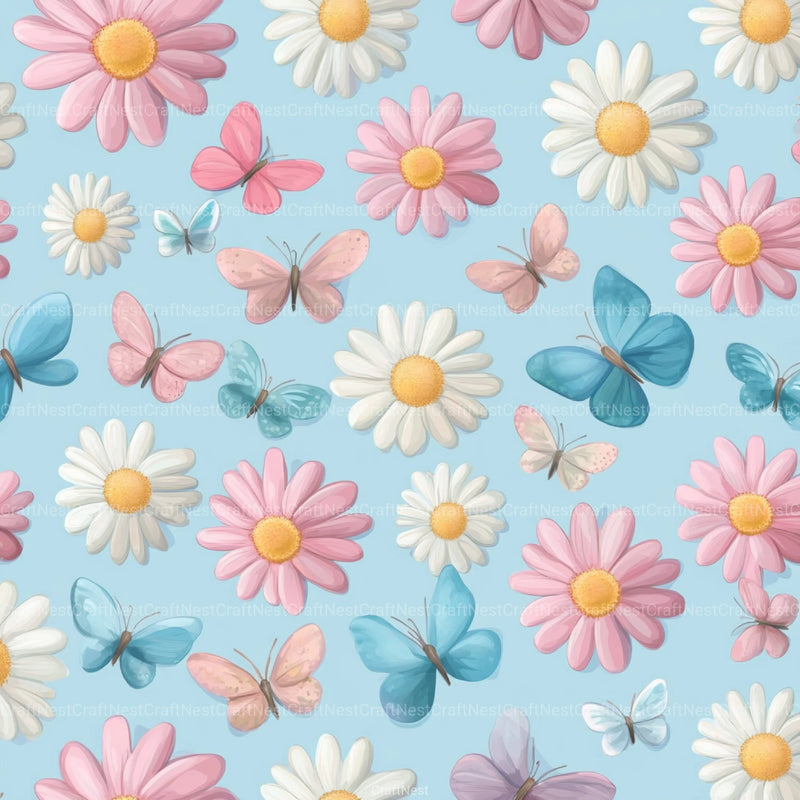 Pastel Daisy Flowers & Butterflies Pattern Clipart Bundle - CraftNest - Digital Crafting and Art