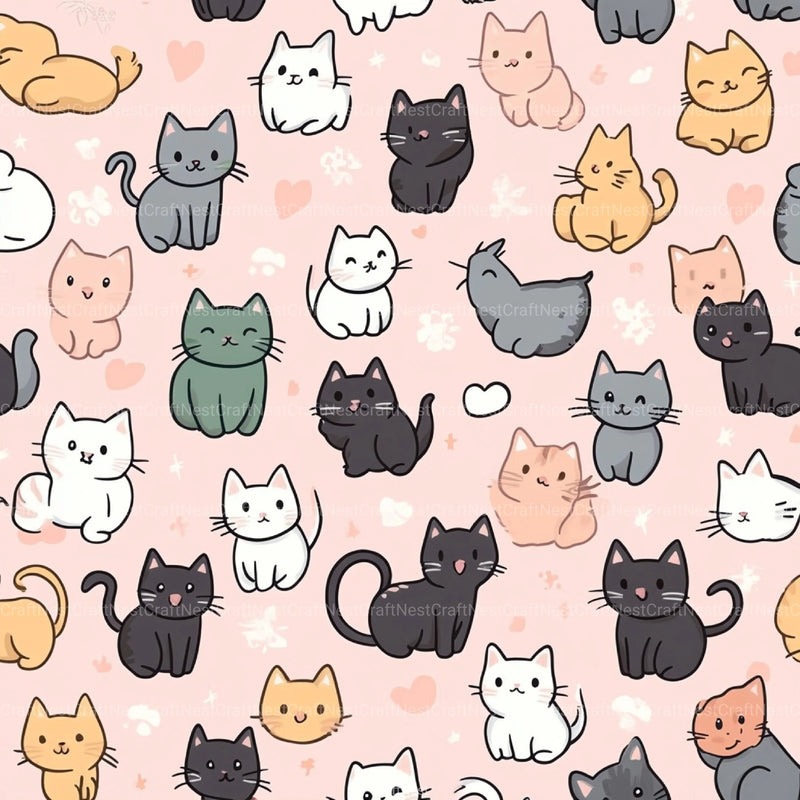 Seamless Kawaii Cute Cats Pattern Digital Paper - CraftNest - Digital Crafting and Art