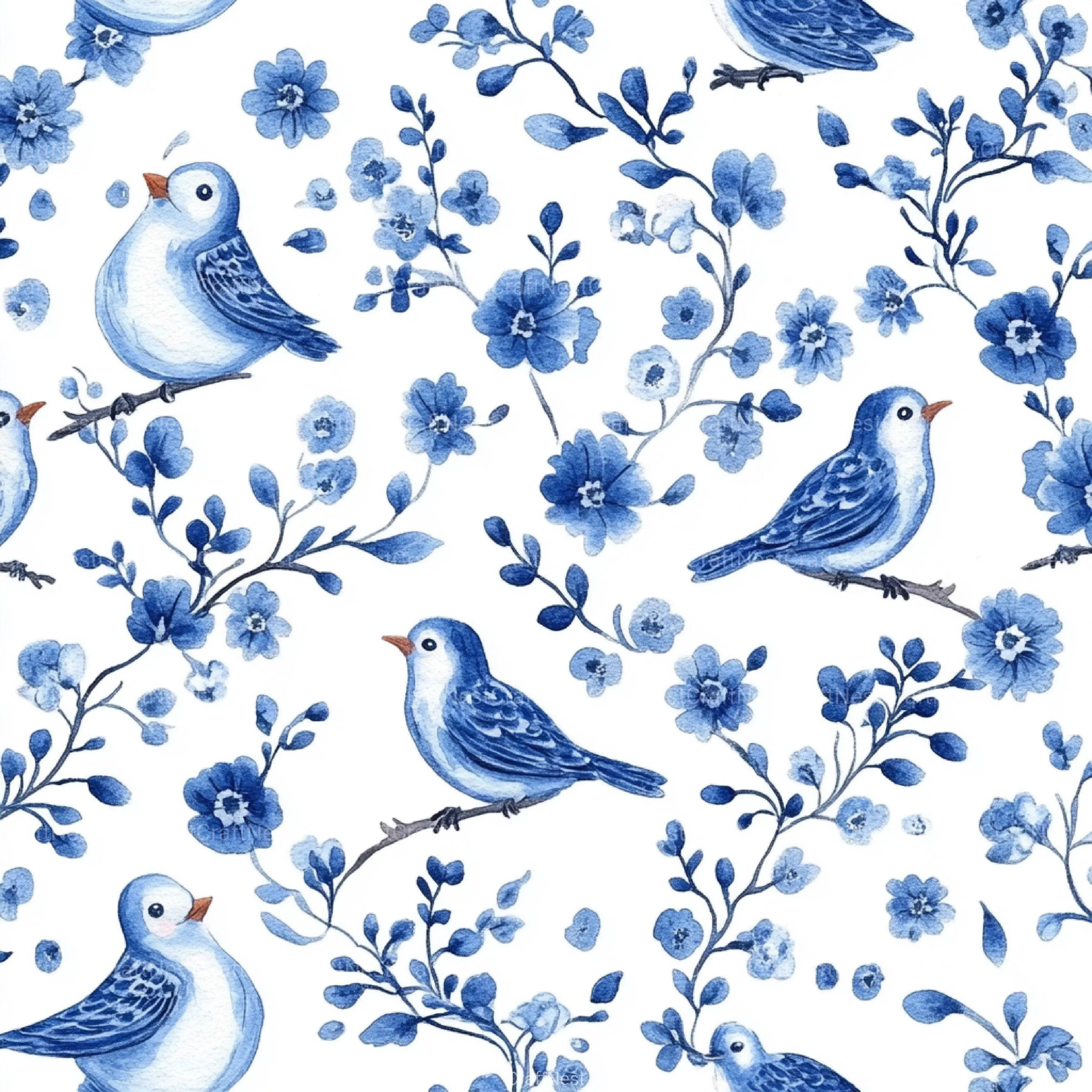 Blue Birds & Flowers Chinoiserie Pattern Clipart Bundle - CraftNest - Digital Crafting and Art