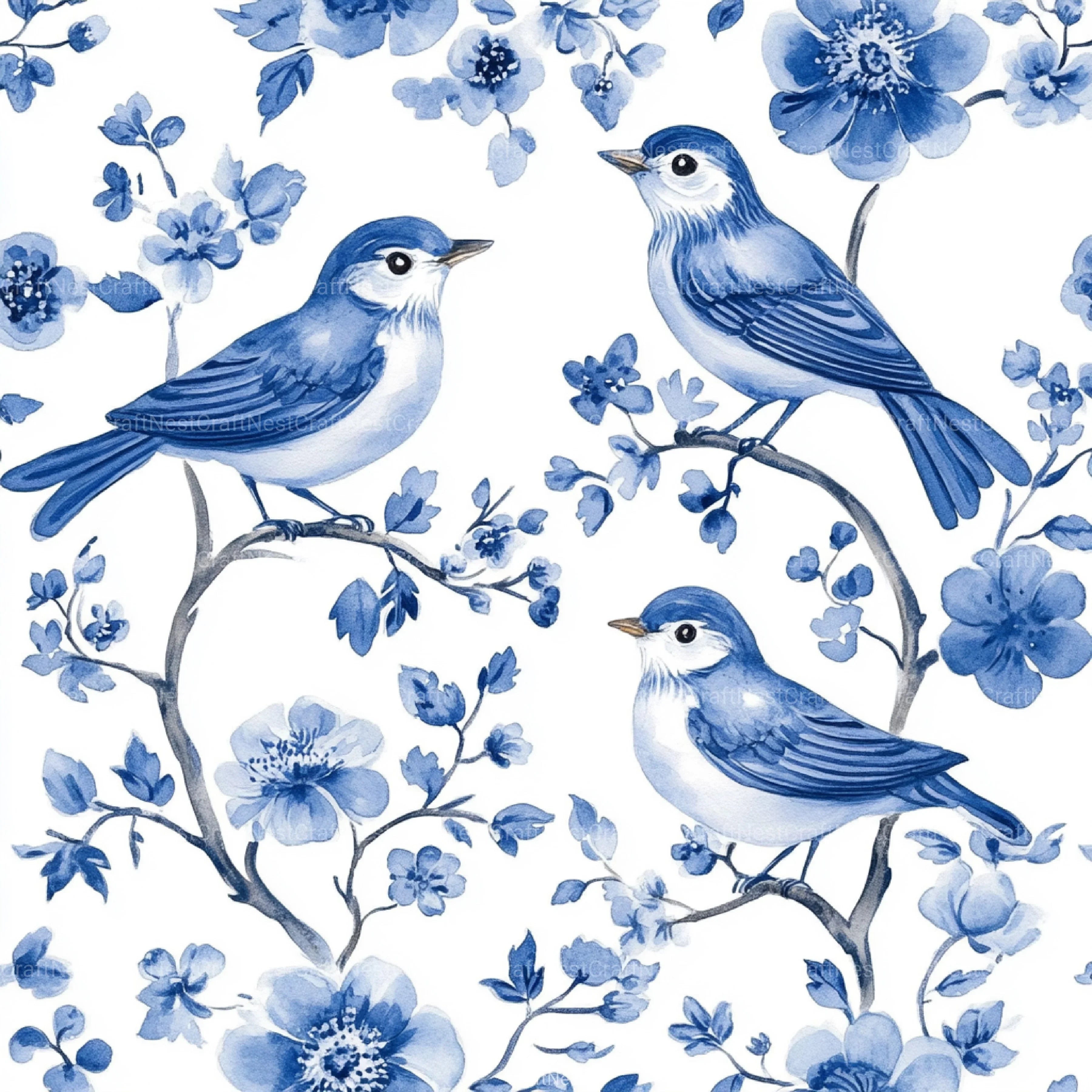 Blue Birds & Flowers Chinoiserie Pattern Clipart Bundle - CraftNest - Digital Crafting and Art
