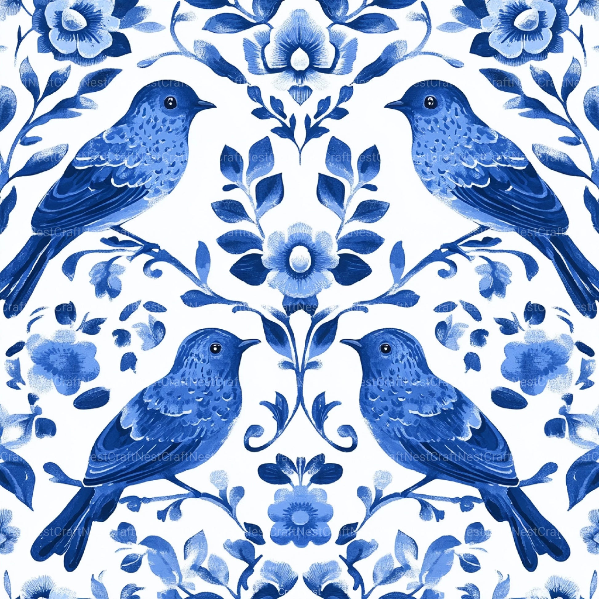 Blue Birds & Flowers Chinoiserie Pattern Clipart Bundle - CraftNest - Digital Crafting and Art