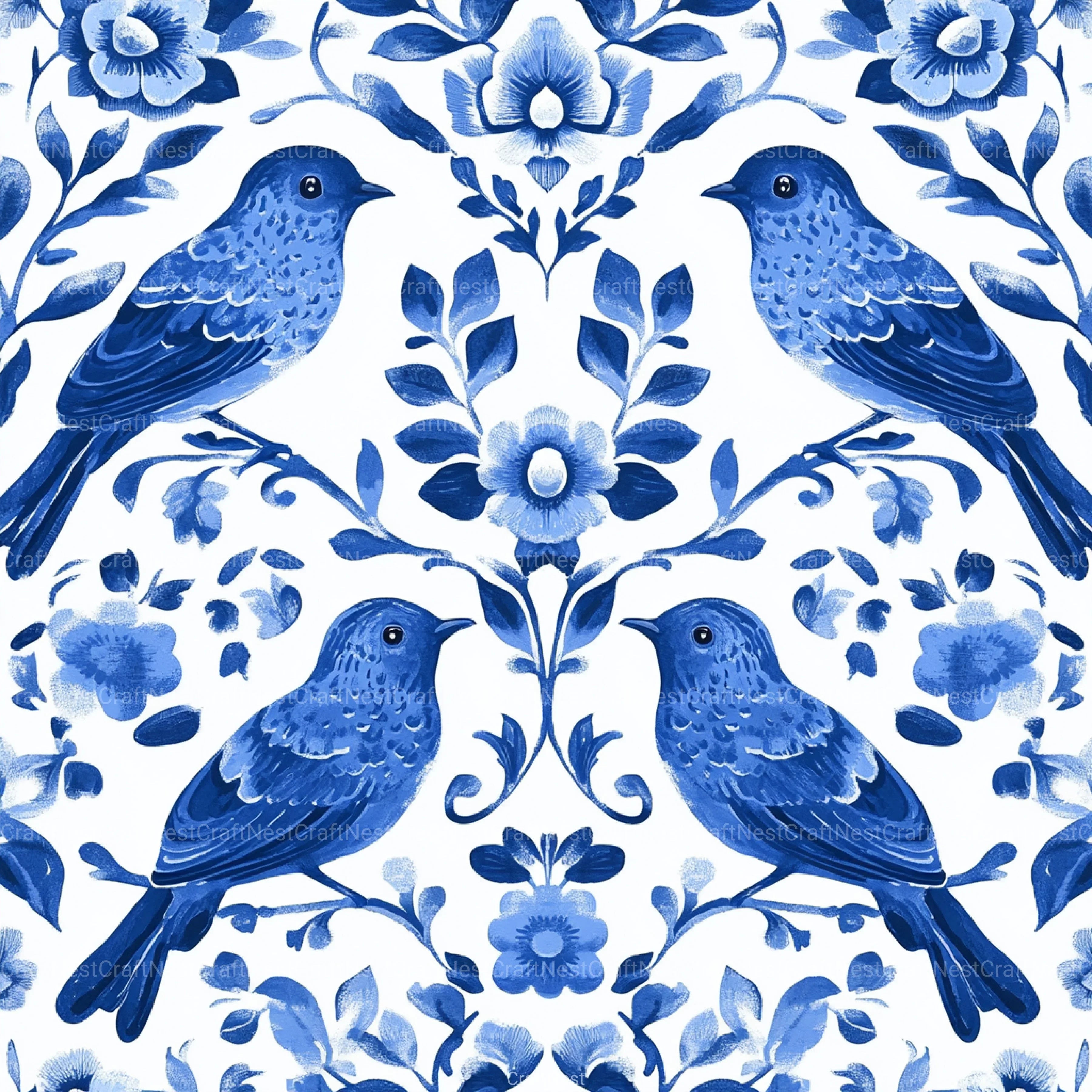 Blue Birds & Flowers Chinoiserie Pattern Clipart Bundle - CraftNest - Digital Crafting and Art
