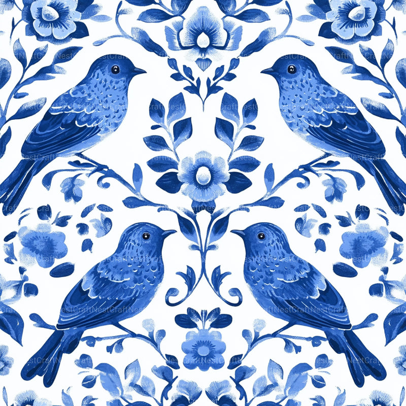 Blue Birds & Flowers Chinoiserie Pattern Clipart Bundle - CraftNest - Digital Crafting and Art