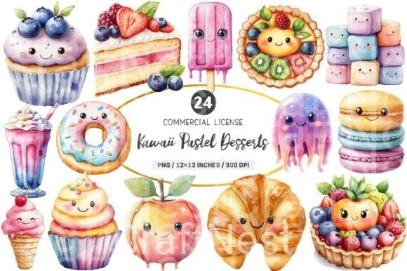 Kawaii Pastel Desserts Clipart Bundle - CraftNest - Digital Crafting and Art