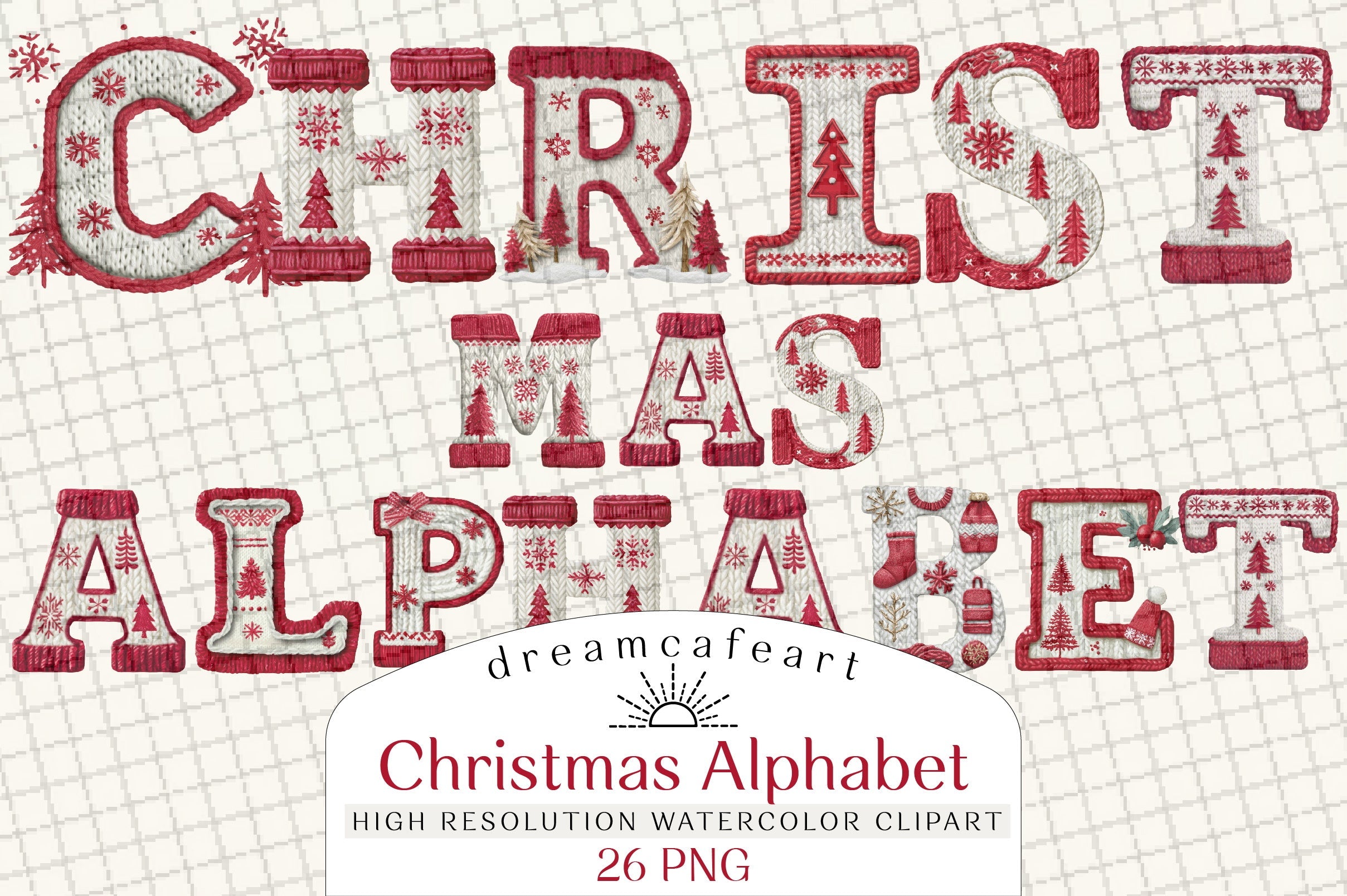Knitted Christmas Alphabet Clipart Bundle