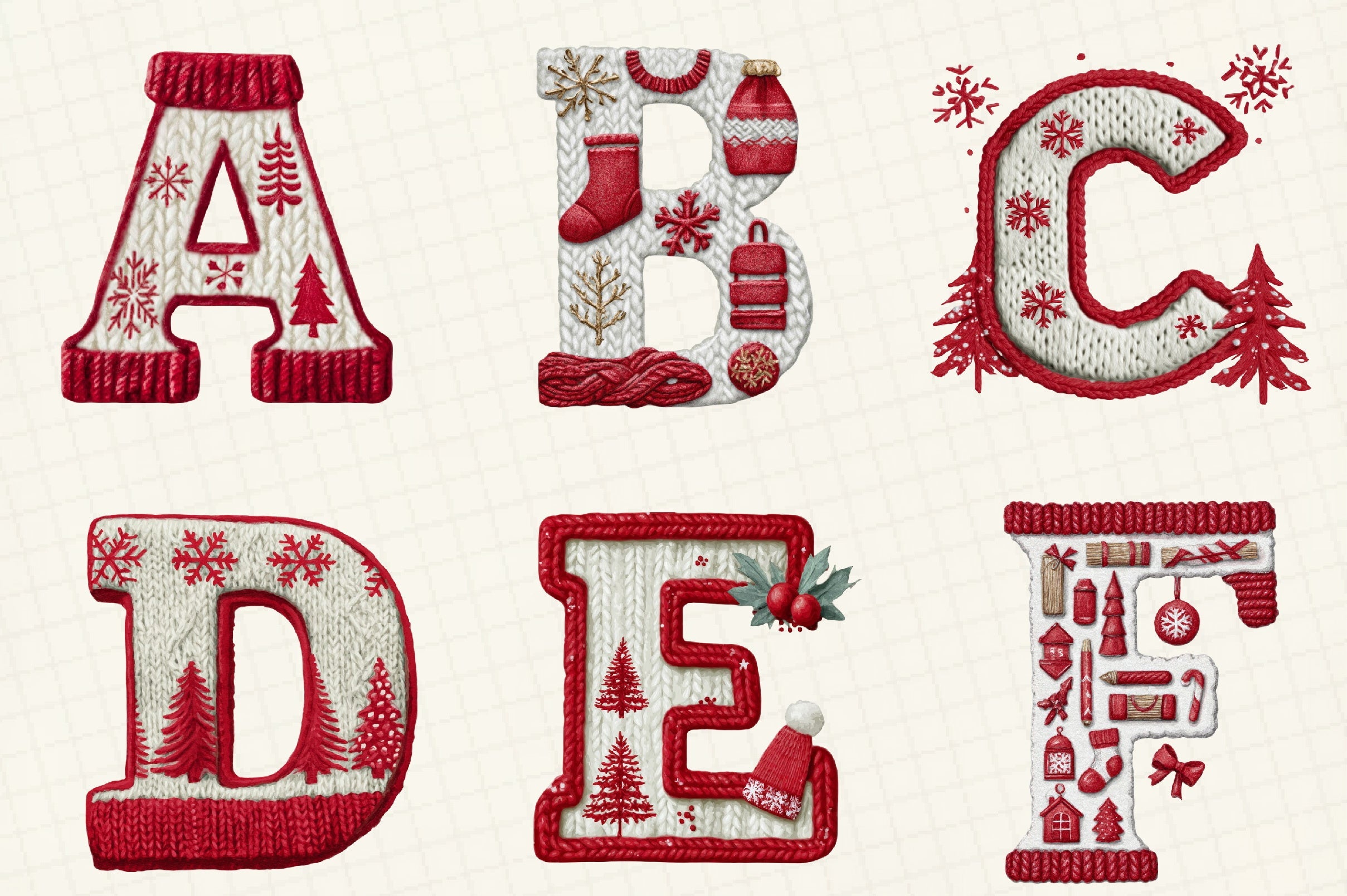 Knitted Christmas Alphabet Clipart Bundle