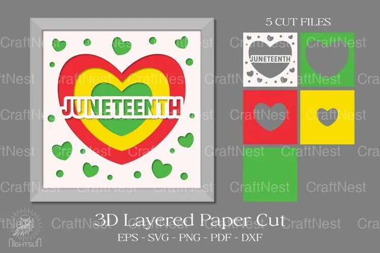 Lovely Juneteenth Heart 3D Shadowbox Layered Papercut Bundle - CraftNest - Digital Crafting and Art