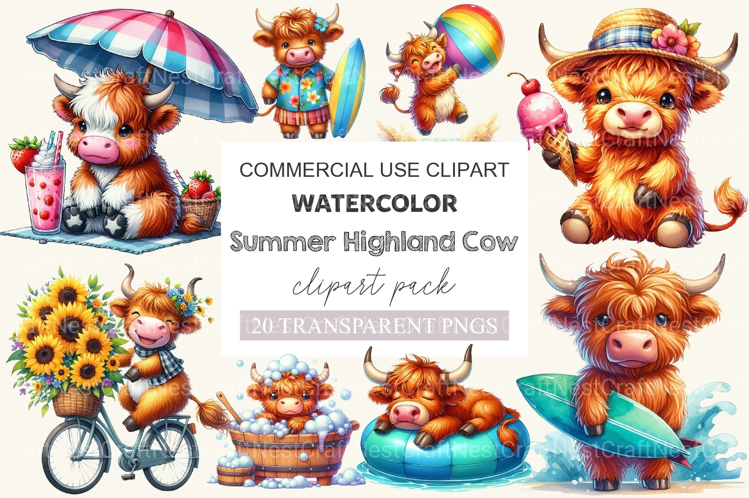 Summer Highland Cow Clipart Bundle 2