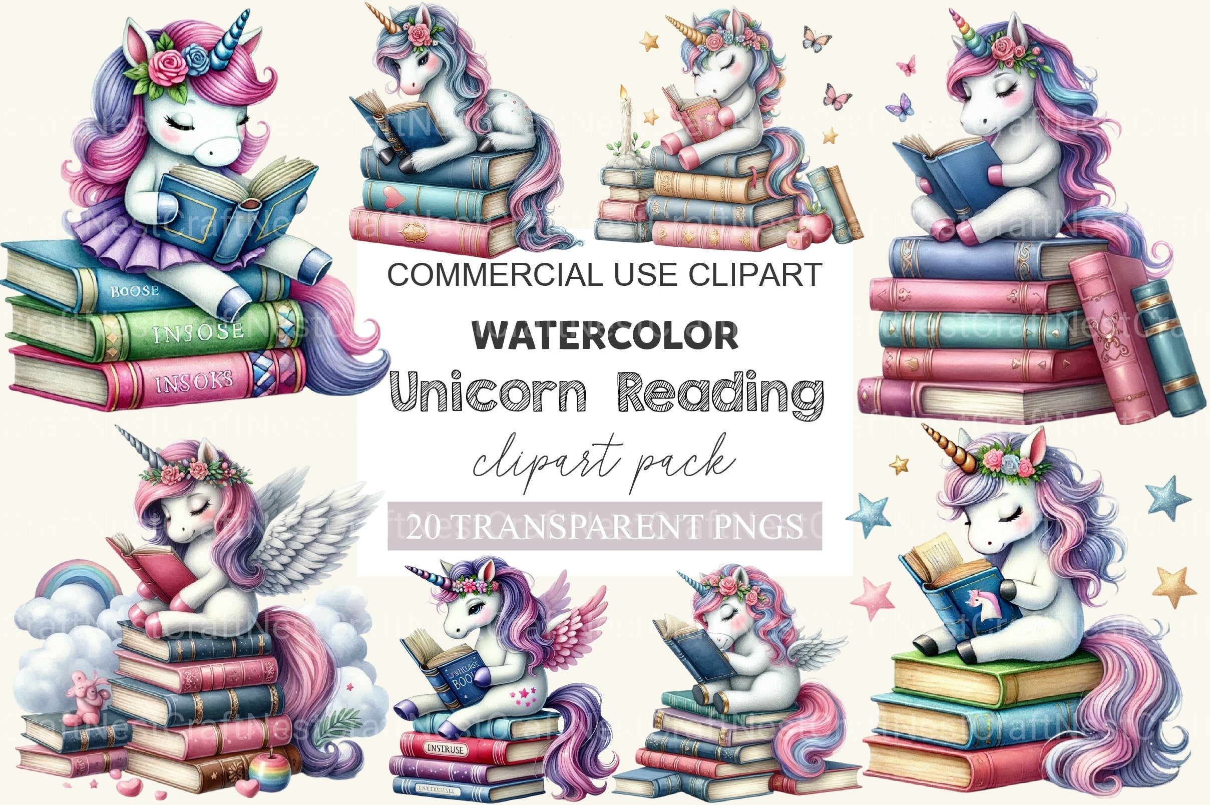 Unicorn Reading Book Clipart Bundle