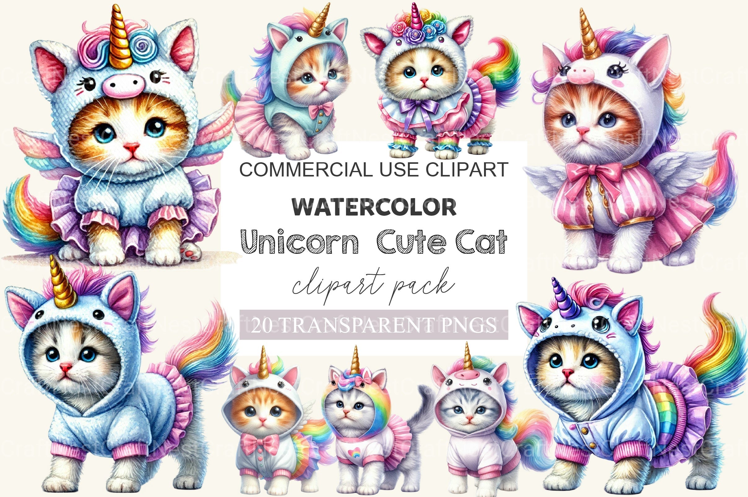 Unicorn Cute Cat Clipart Bundle