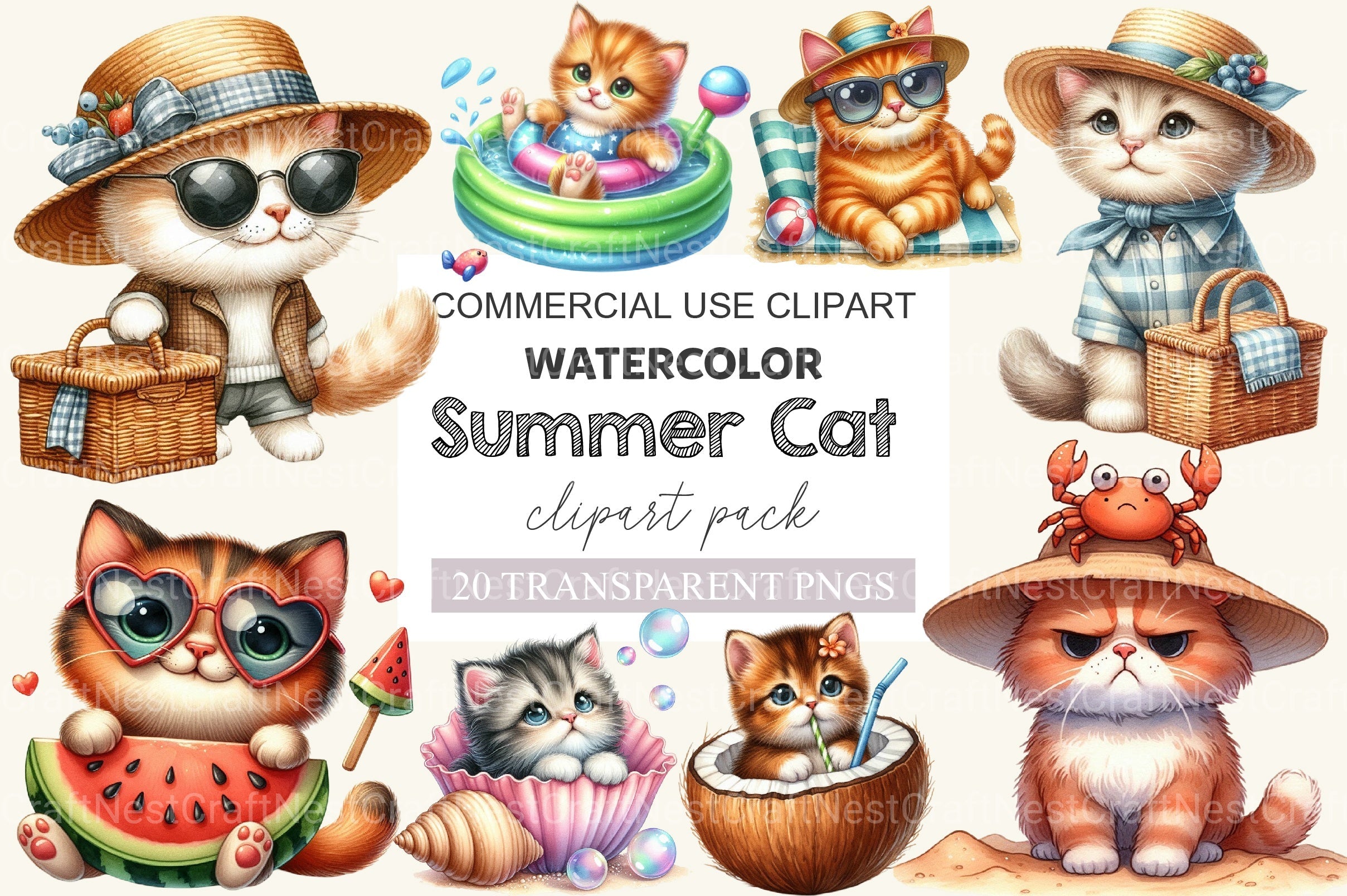 Summer Cat Clipart Bundle