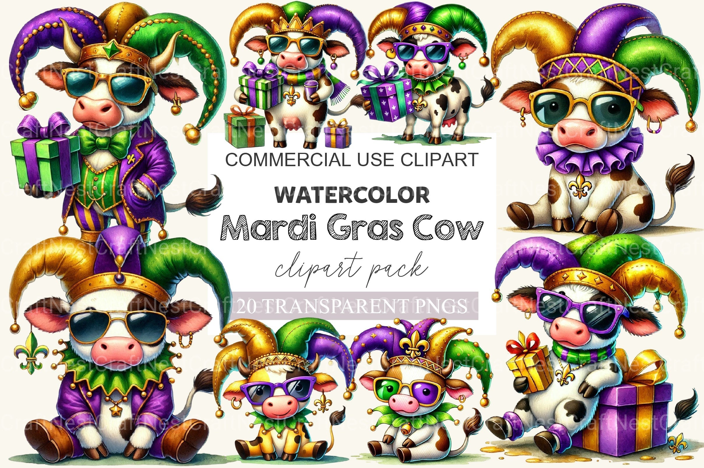 Mardi Gras Cow Clipart Bundle 2