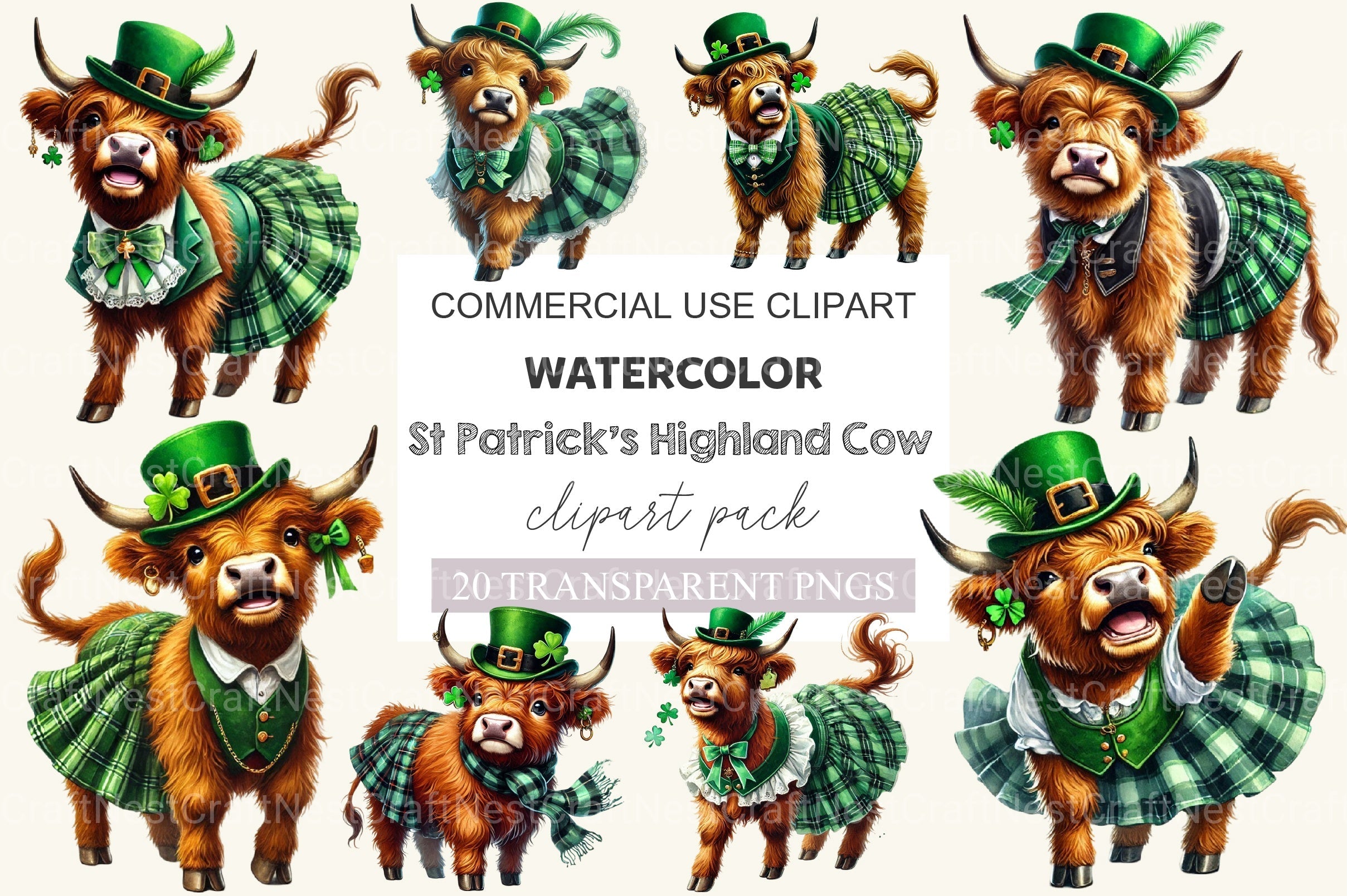 St Patrick's Highland Cow Clipart Bundle 2