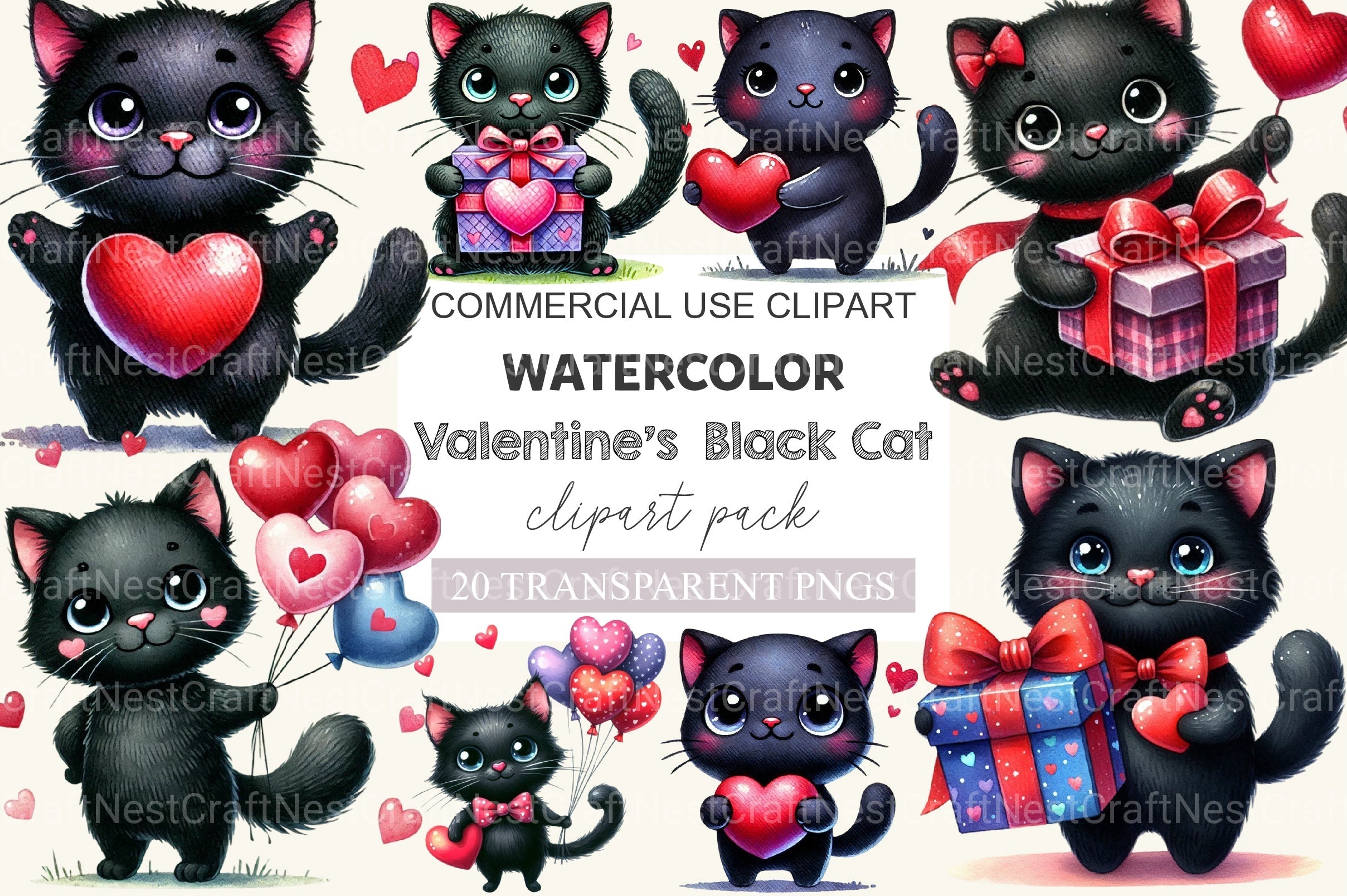 Valentine's Black Cat Clipart Bundle