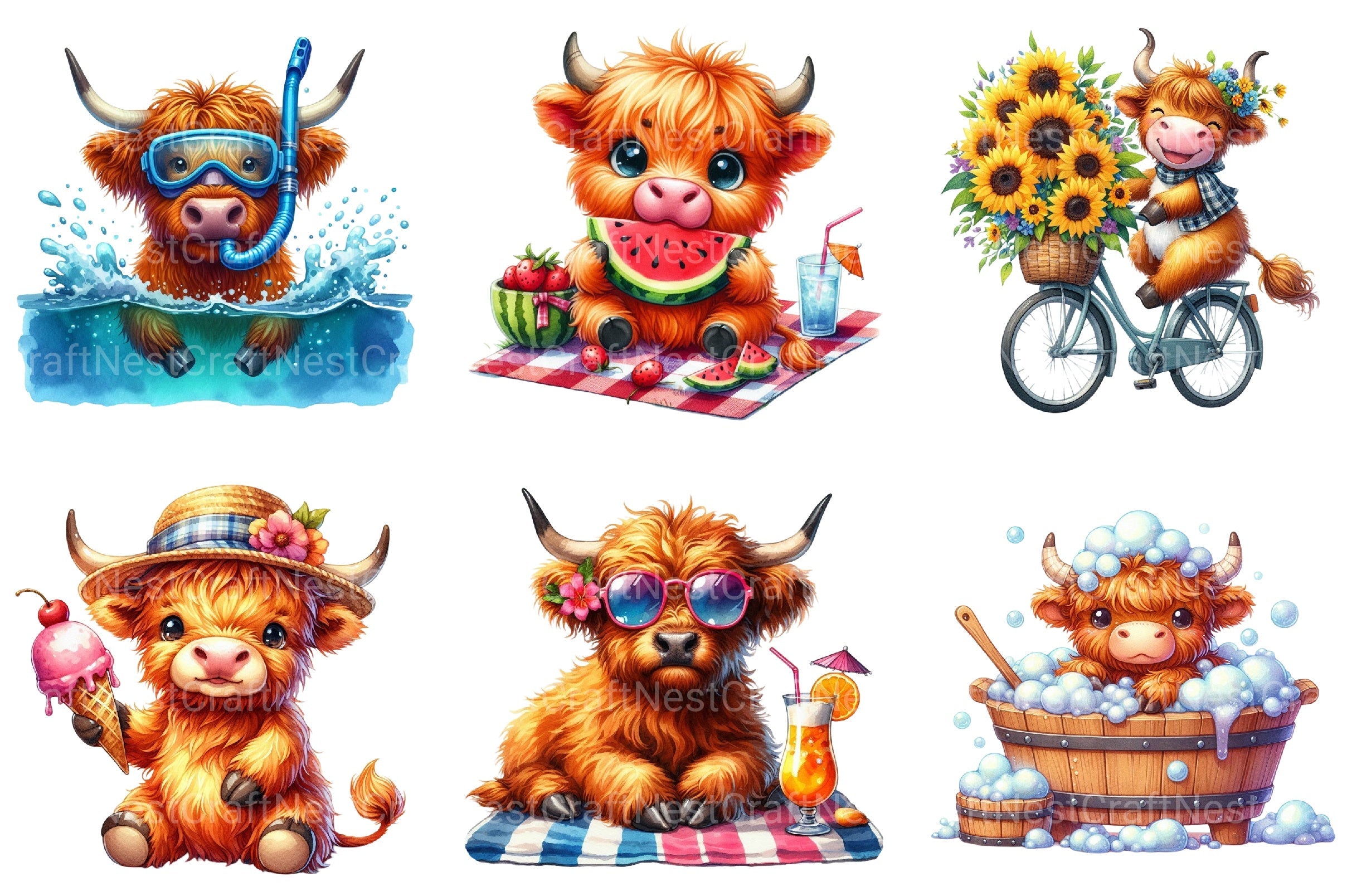 Summer Highland Cow Clipart Bundle 2