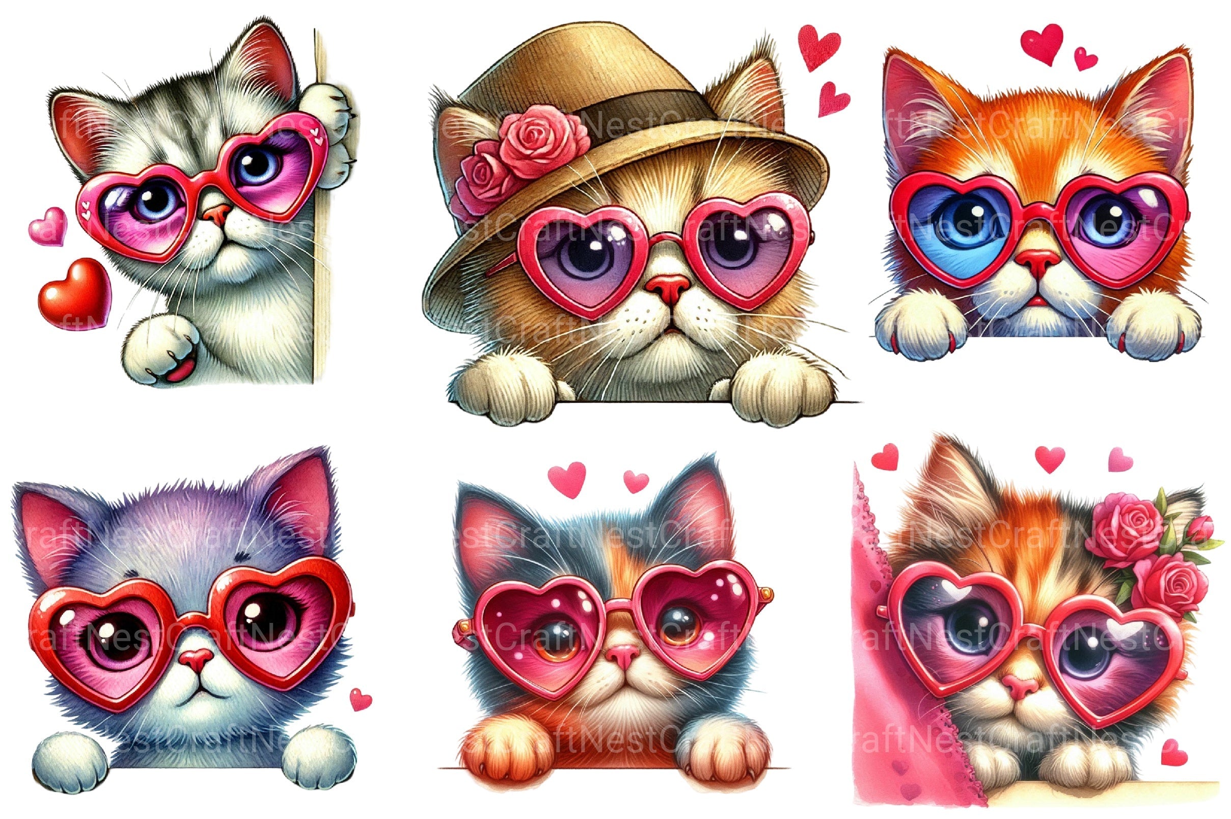 Valentine's Peeking Cat Clipart Bundle