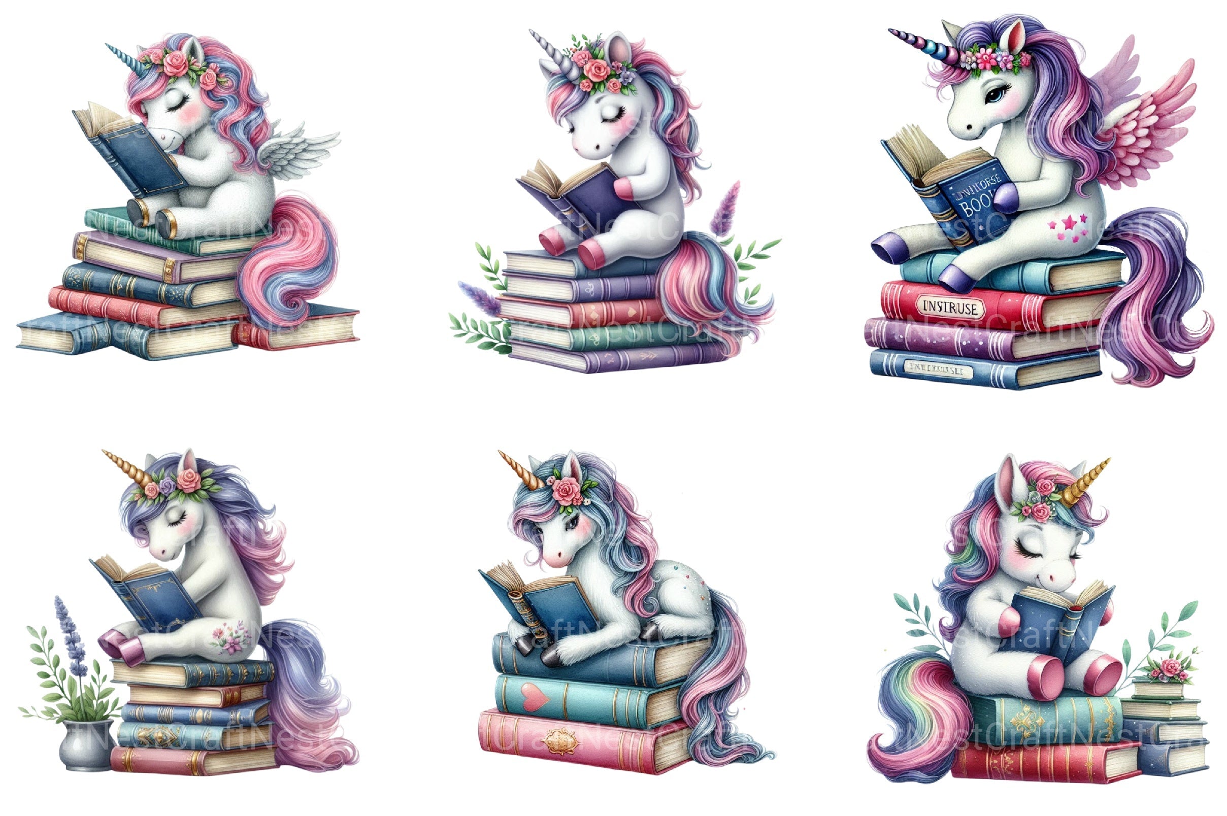 Unicorn Reading Book Clipart Bundle