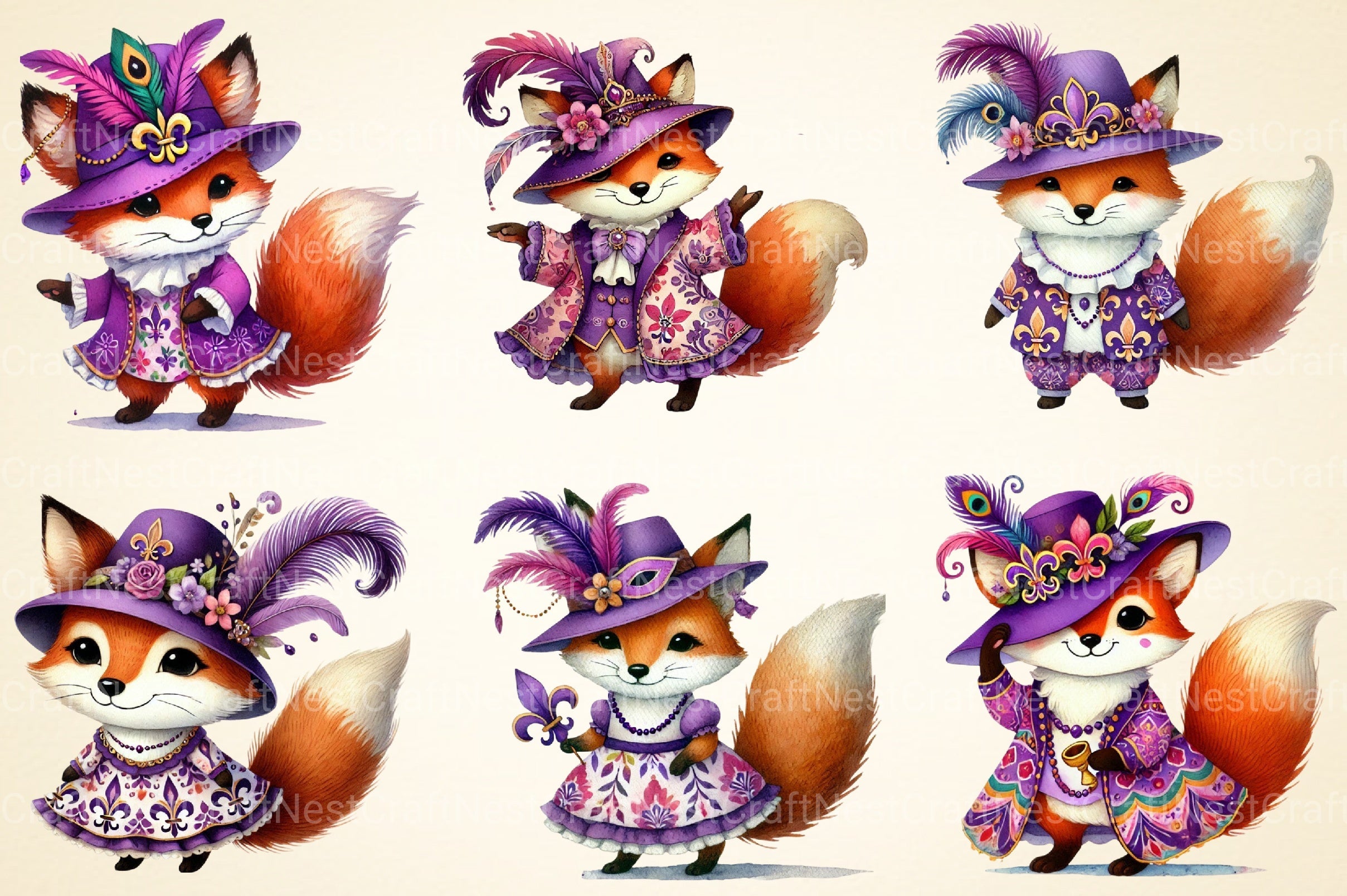 Mardi Gras Fox Clipart Bundle