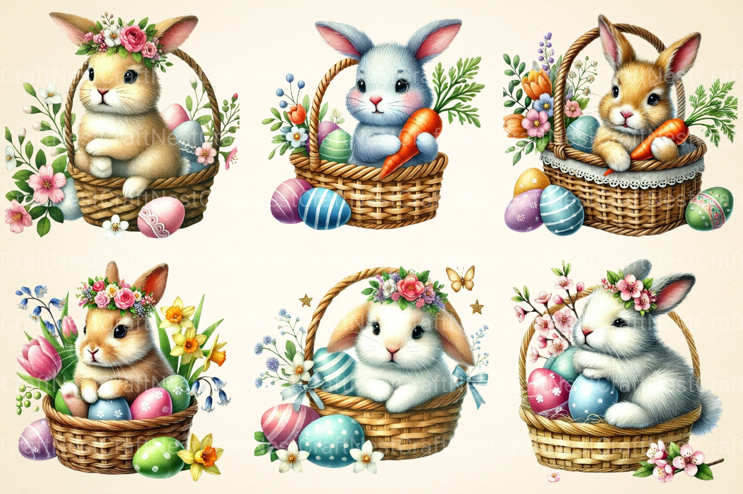 Easter Bunny In A Basket Clipart Bundle