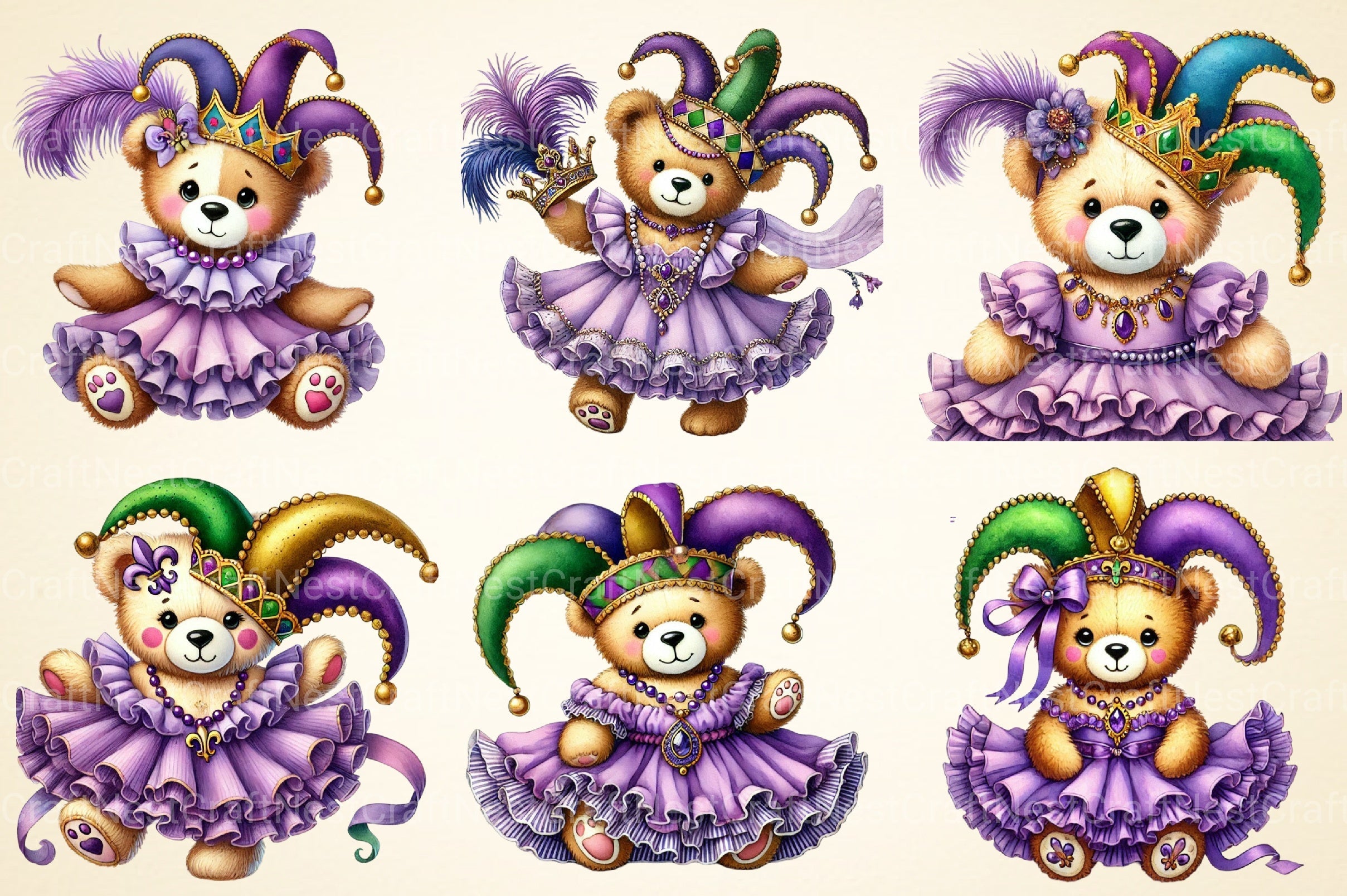 Mardi Gras Teddy Bear Clipart Bundle 1