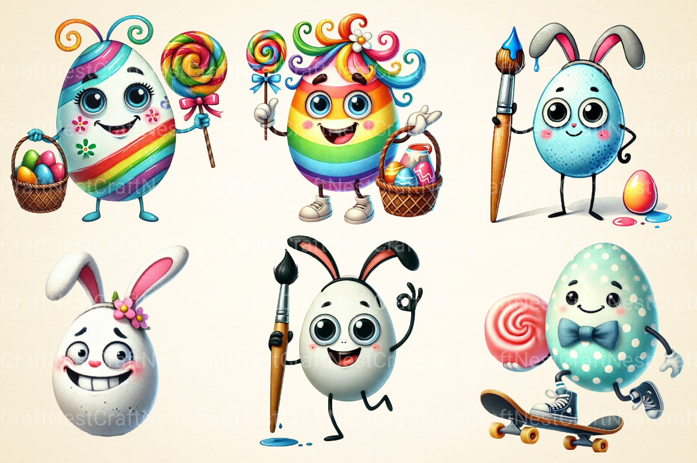 Funny Cartoon Easter Eggs Clipart Bundle