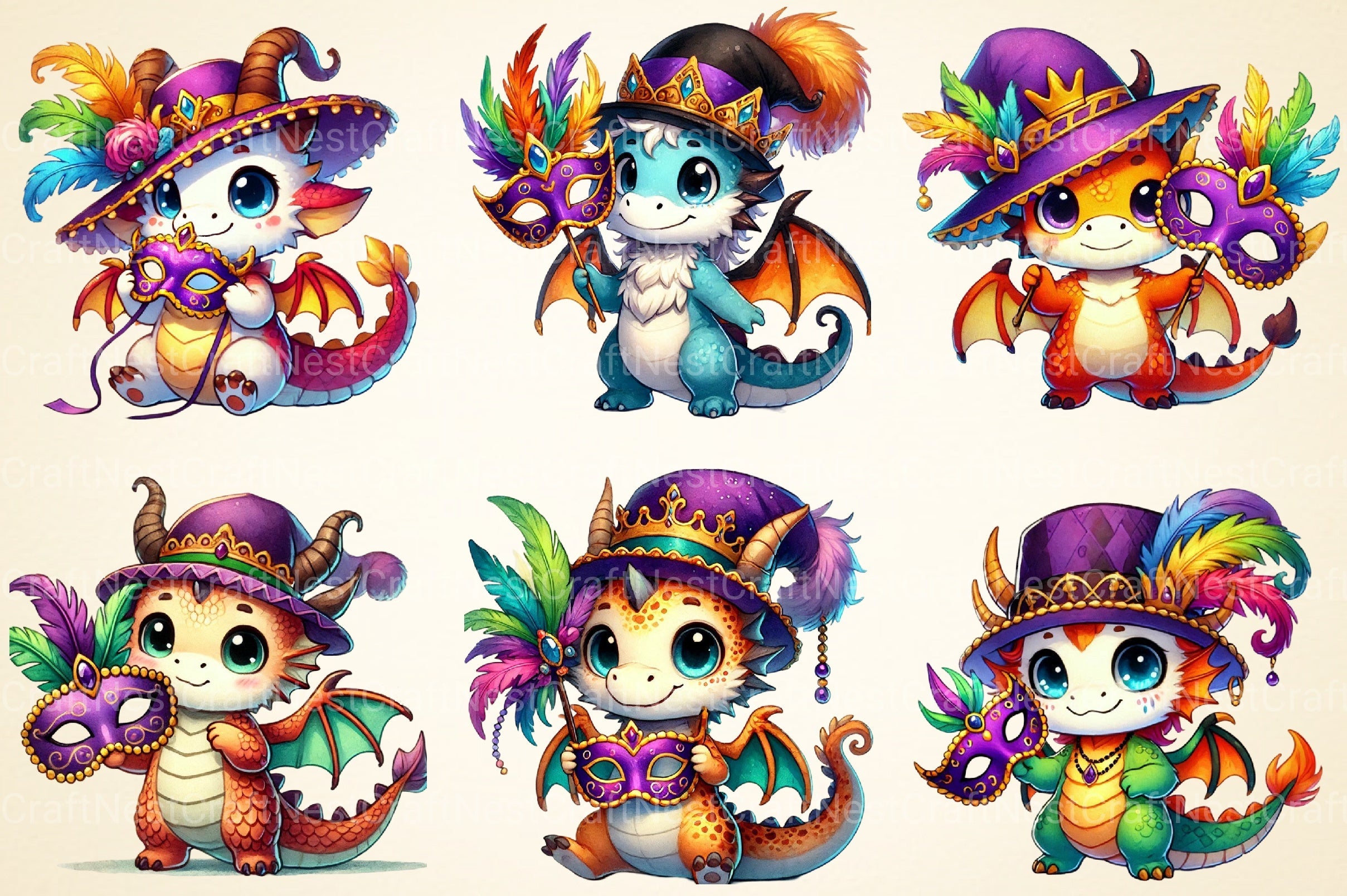 Mardi Gras Cartoon Dragon Clipart Bundle