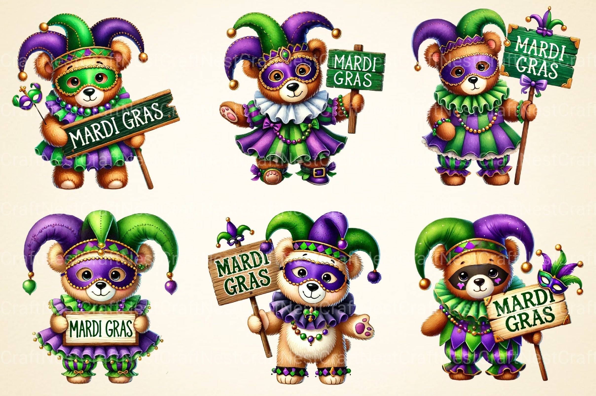 Mardi Gras Teddy Clipart Bundle